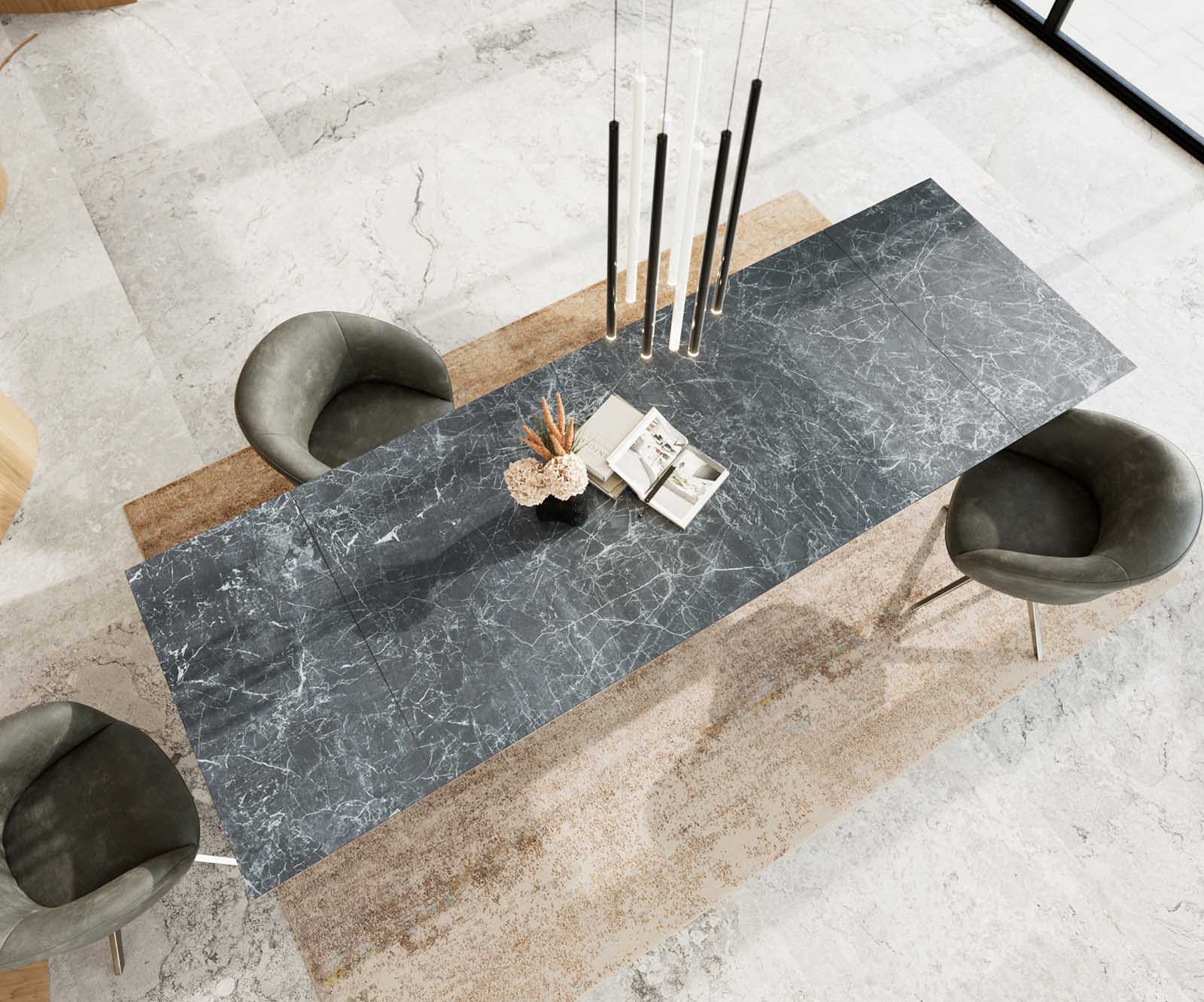 Eetkamertafel Edge 200-300x100 keramiek Laminam®Nero Greco grijs kruisframe rechthoek RVS uitschuifbaar 3 Eetkamertafel Edge 200-300x100 keramiek Laminam®Nero Greco grijs kruisframe rechthoek RVS uitschuifbaar 3