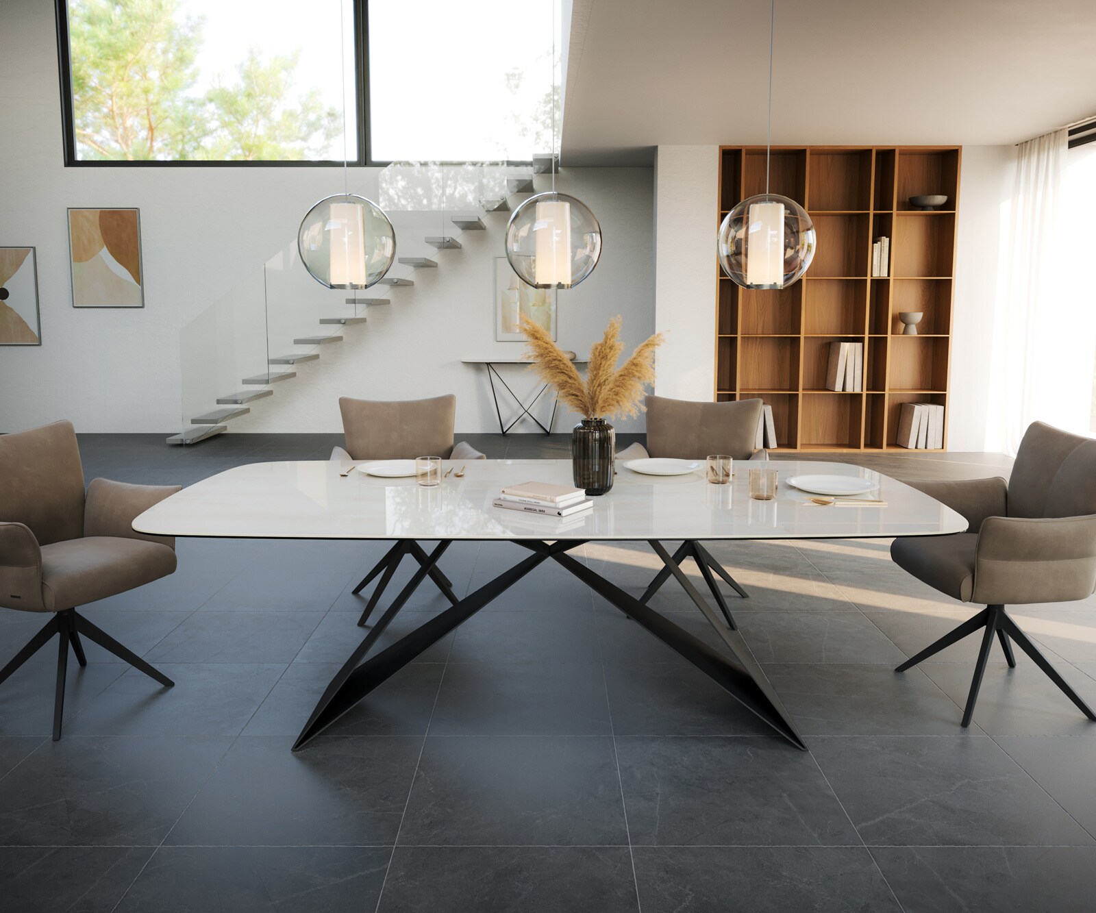 Eettafel Edge Boot 240x120 cm Keramiek Onyx Champagne V-onderstel Platstaal Zwart 2