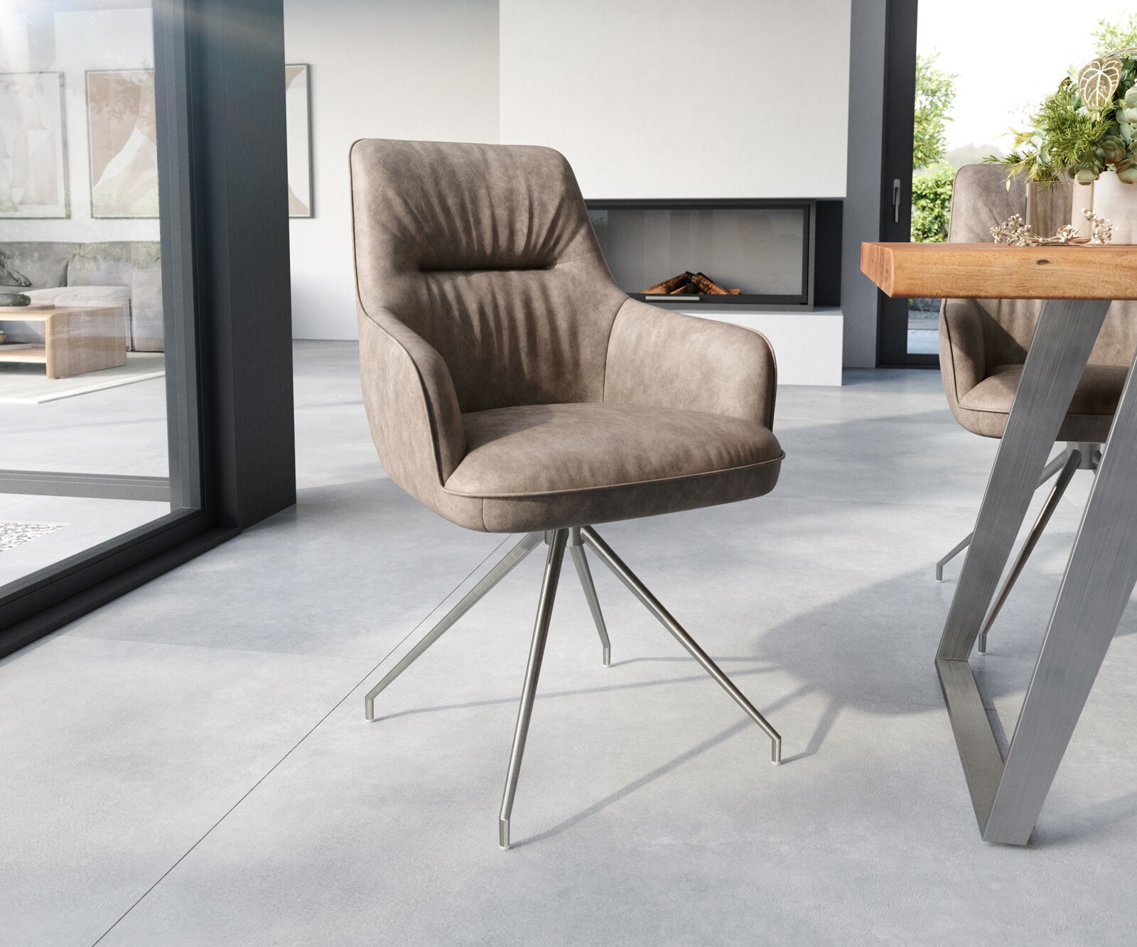 Eetkamerstoel Zelia-Flex met armleuning microvelours taupe vintage kruisframe conisch roestvrij staal pocketveer kern