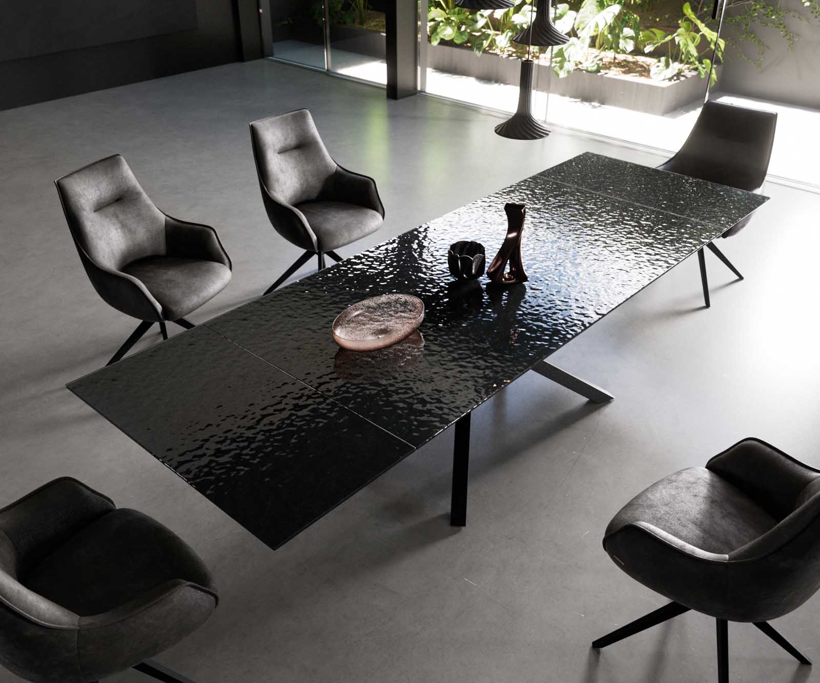 Eetkamertafel Edge 200-300x100 Glas smelten rokerig zwart 3D-Relief kruisframe rechthoek zwart uitschuifbaar 3 Eetkamertafel Edge 200-300x100 Glas smelten rokerig zwart 3D-Relief kruisframe rechthoek zwart uitschuifbaar 3