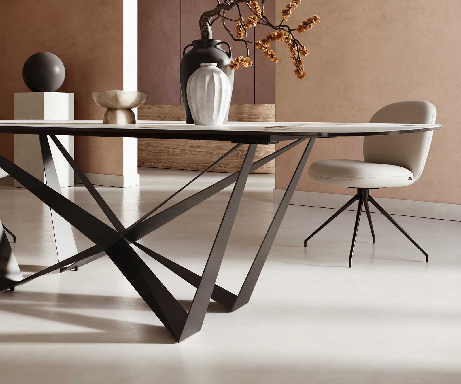 Eetkamertafel Edge Boot 240x120 keramiek Calacatta Luxe wit-goud-grijs spider vlak staal zwart 5