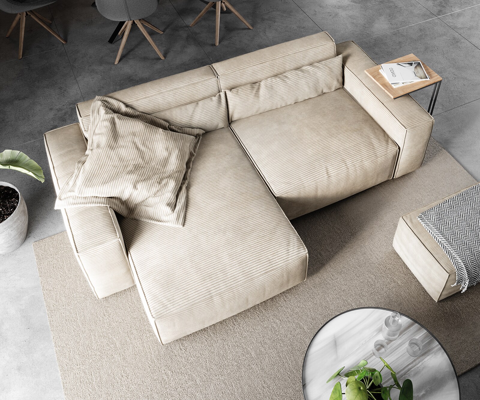 Hoekbank Sirpio 230x150 cm koord beige recamiere variabel met kruk 3