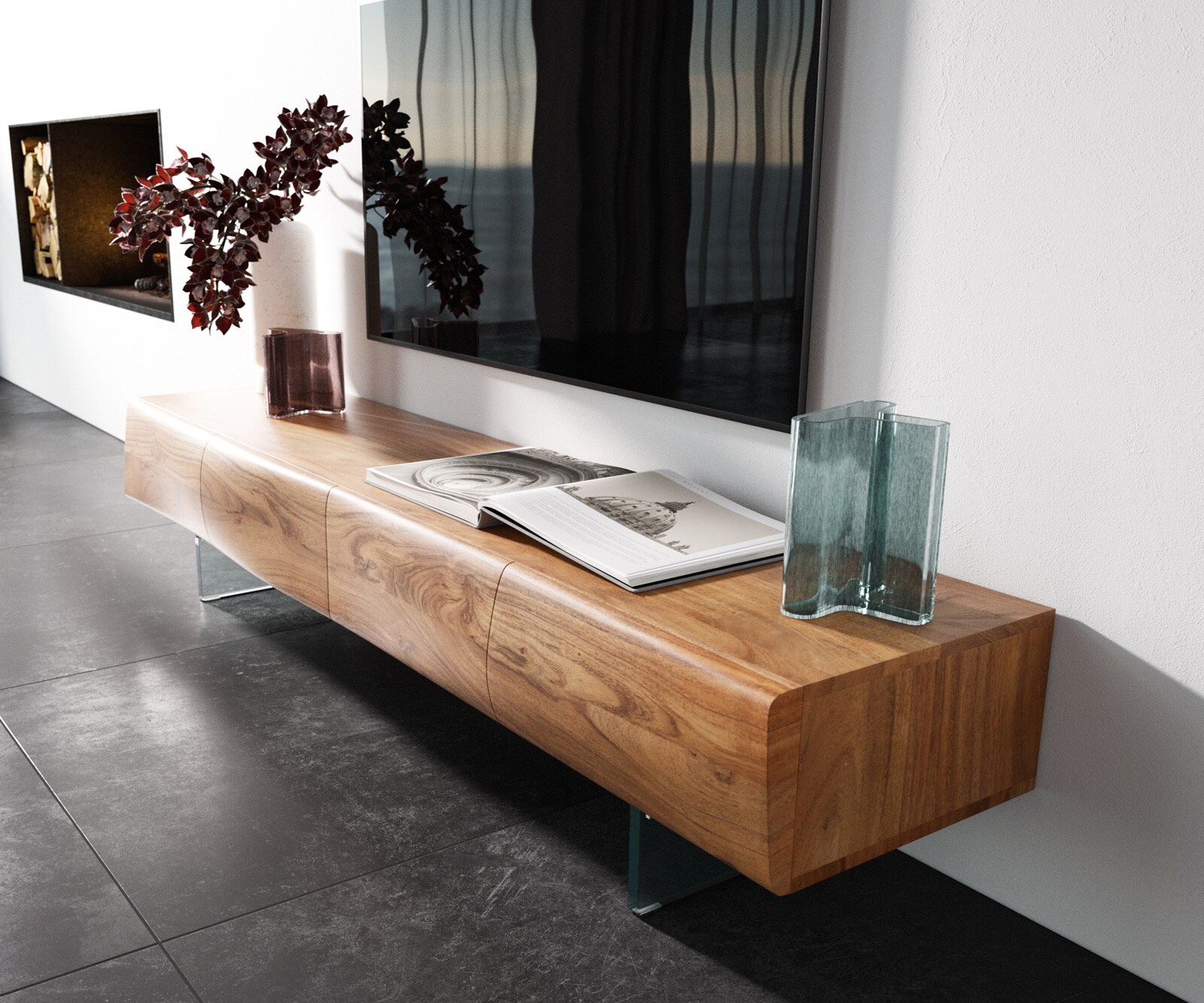 TV-meubel New Live-Edge 175 cm acacia natuur 4 deuren glazen voet 1