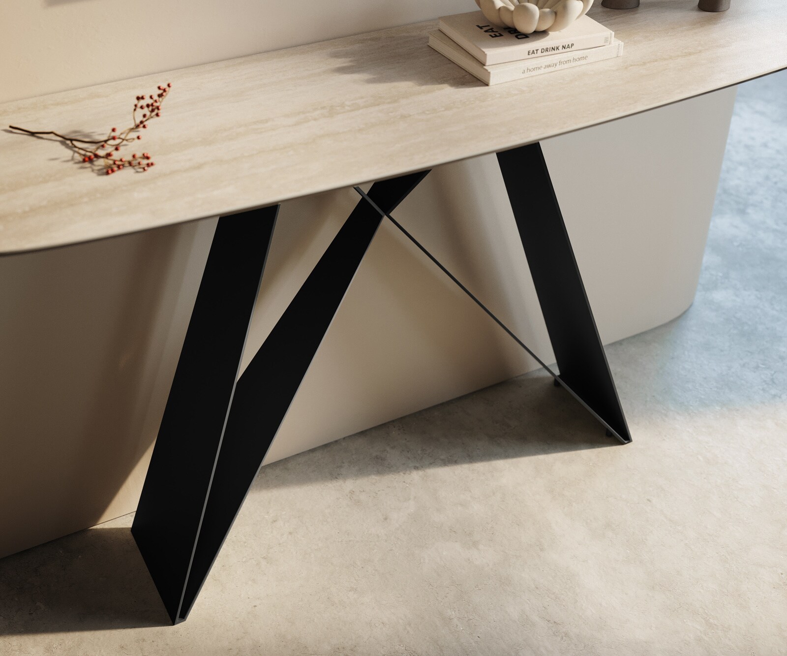 Consoletafel Edge Bootvorm 140x40 cm Keramiek Laminam® Travertino Bianco Creme-Weiß Velio Metaal Zwart 6