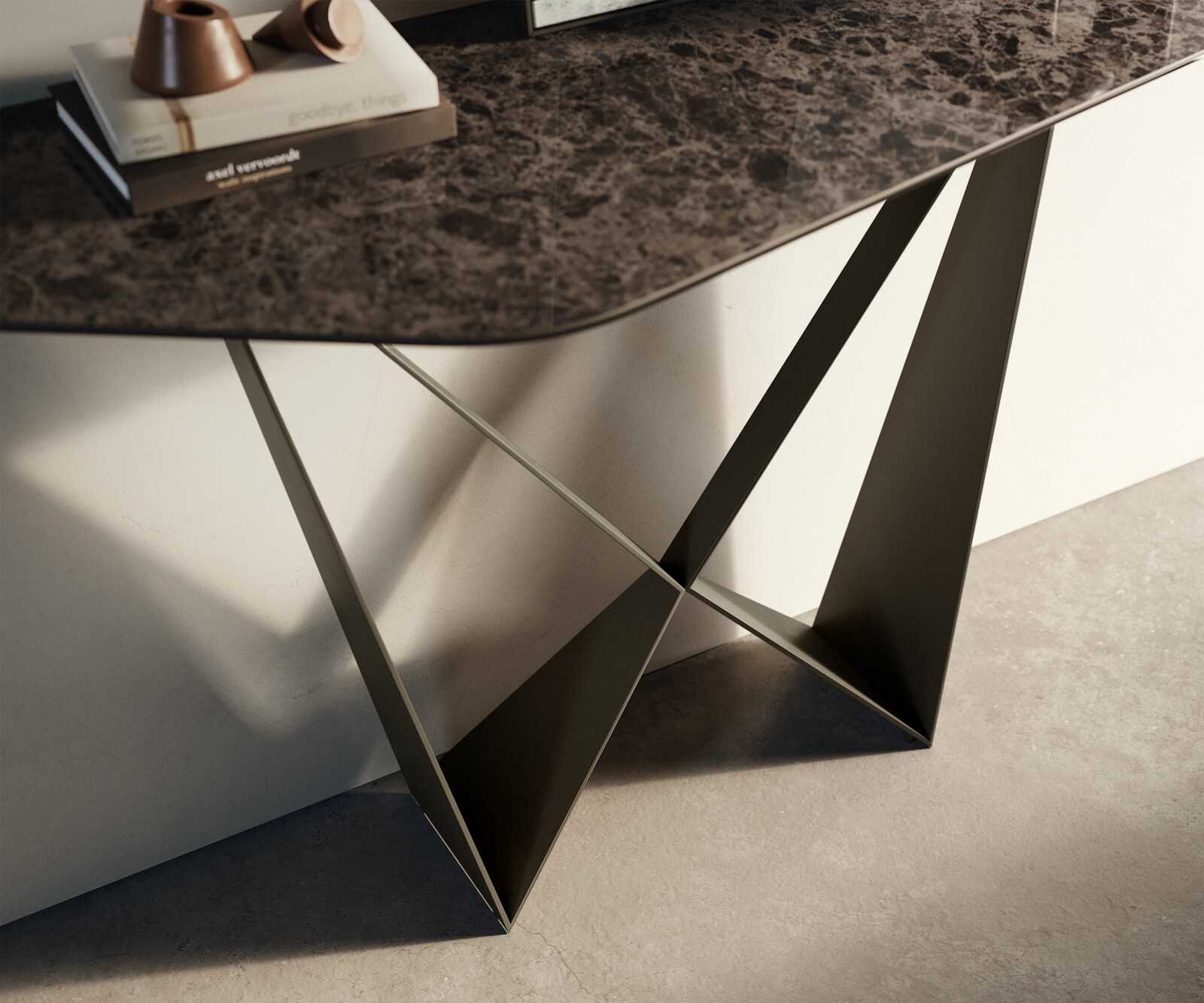 Consoletafel Edge Polygonaal 140x50 cm Keramiek Emperador Extra Lucidato Dunkelbraun Spios Metaal Effektfinish Titan 5