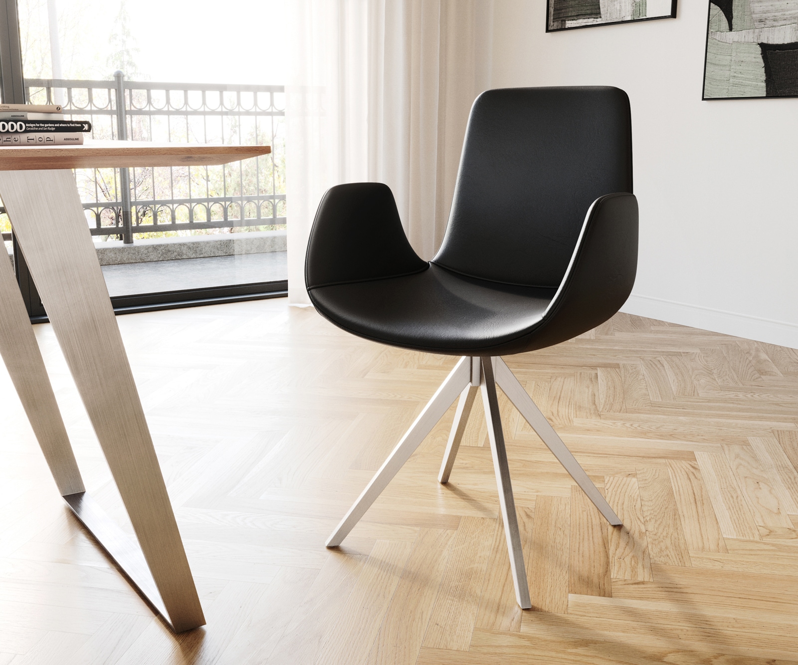 Eetkamerstoel Ilia-Flex met armleuning echt leer zwart kruisframe hoekig roestvrij staal Eetkamerstoel Ilia-Flex met armleuning echt leer zwart kruisframe hoekig roestvrij staal