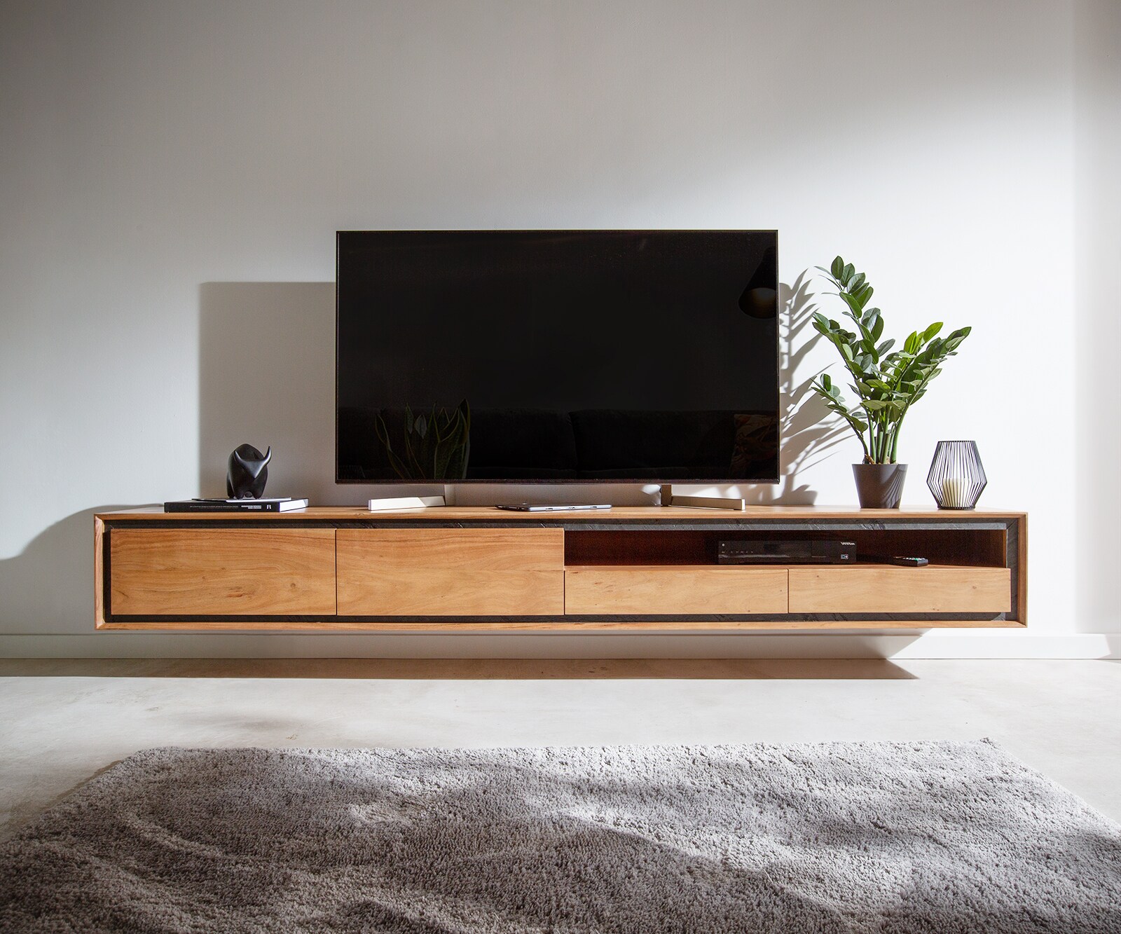 Tv-meubel Stonegrace 240 cm acacia natuur 2 deuren 1 legplank 2 laden steenfineer zwevend 1