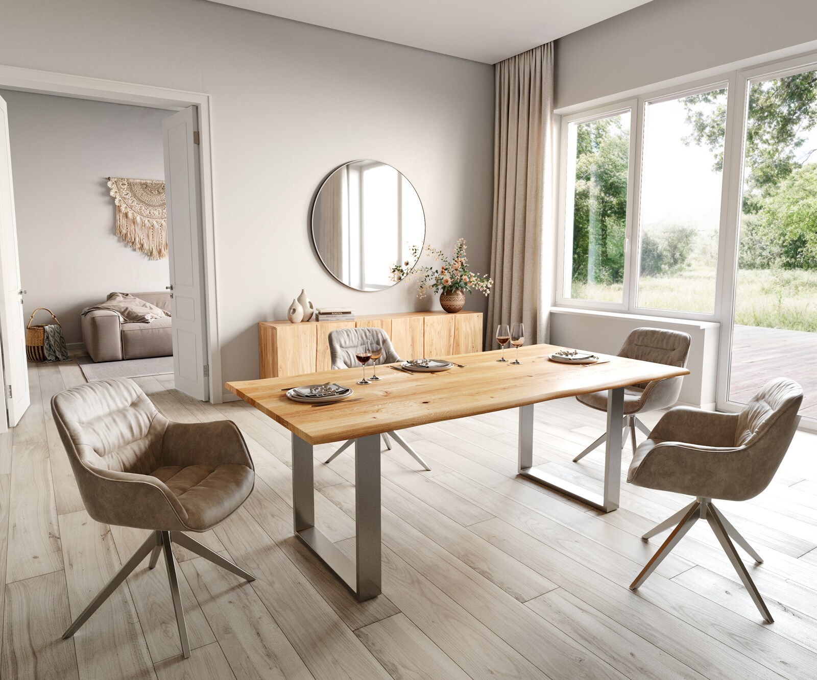 Eettafel Edge 200x100x2,5-3 eiken natuur roestvrijstaal smal Live-Edge 5