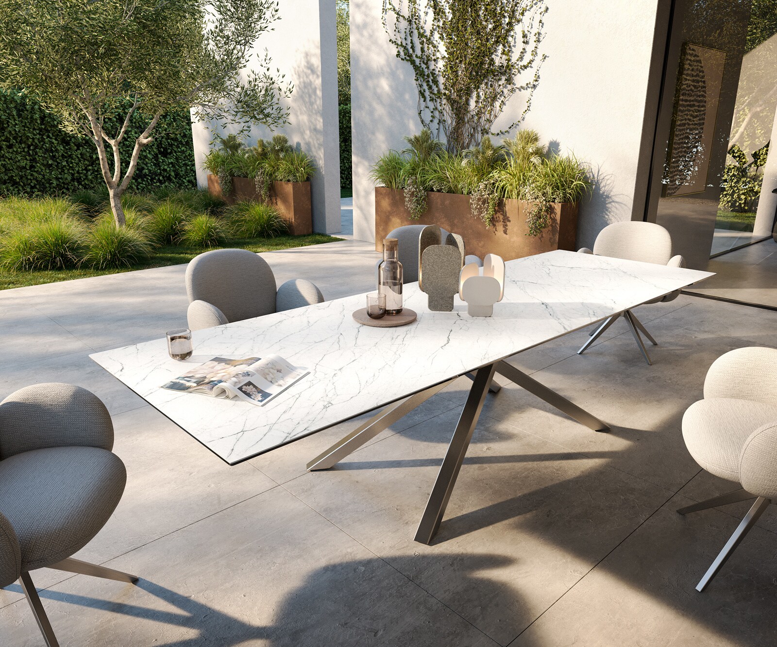 Outdoortafel Edge 300x100 cm keramiek Laminam® Statuarietto wit kruispoot rechthoekig roestvrij staal