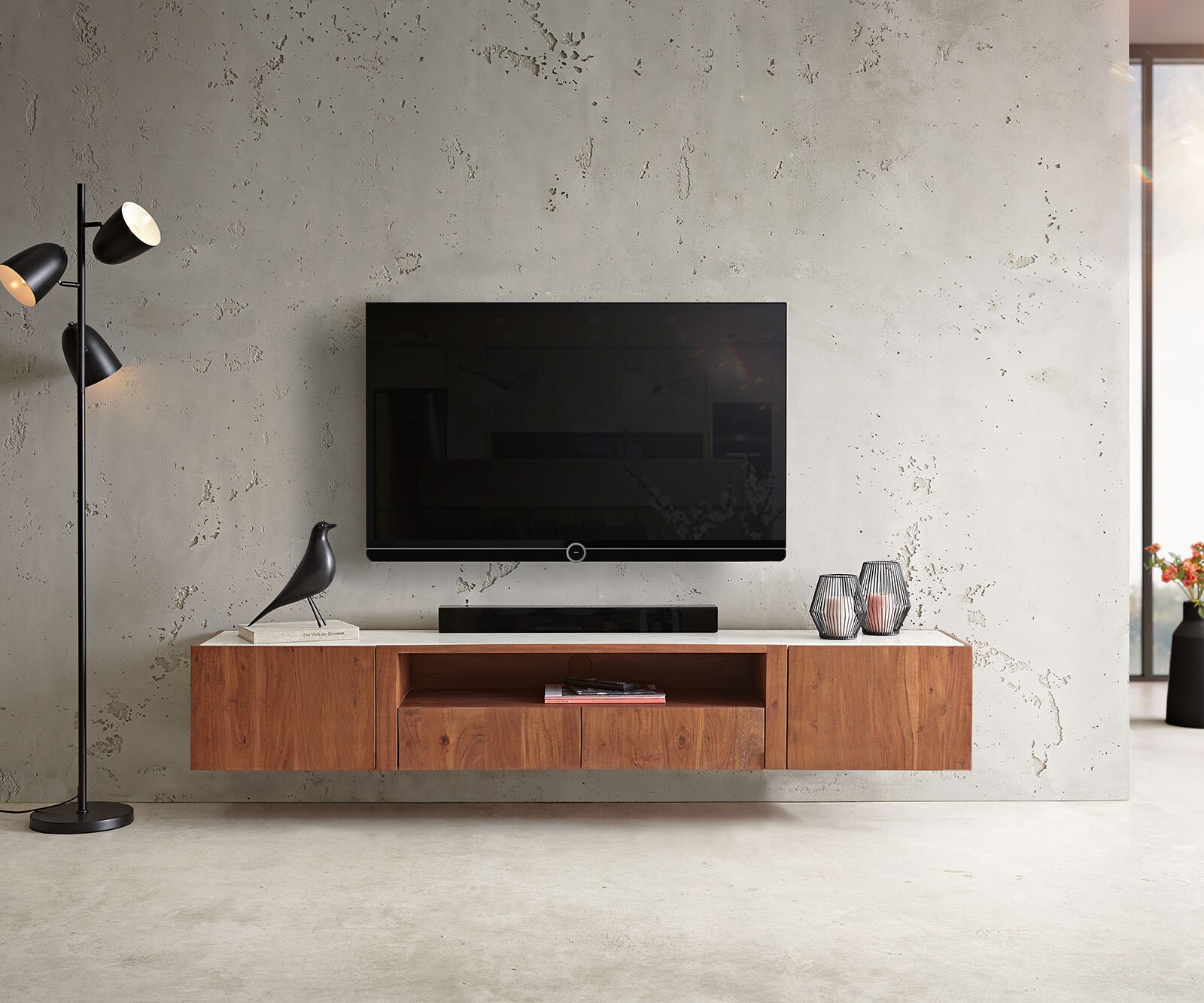 TV-meubel Secara 200 cm acacia bruin 2 deuren 2 laden marmer zwevend