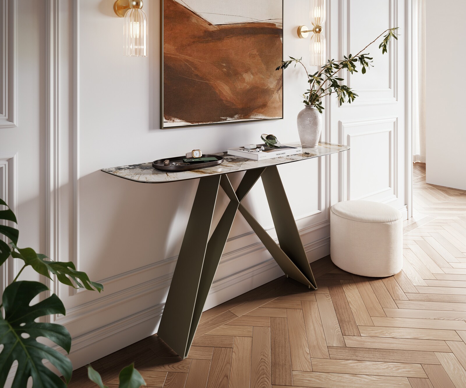 Consoletafel Edge Bootvorm 140x40 cm Keramiek Patagonia Poliert Velio Metaal Effektfinish Titan 1