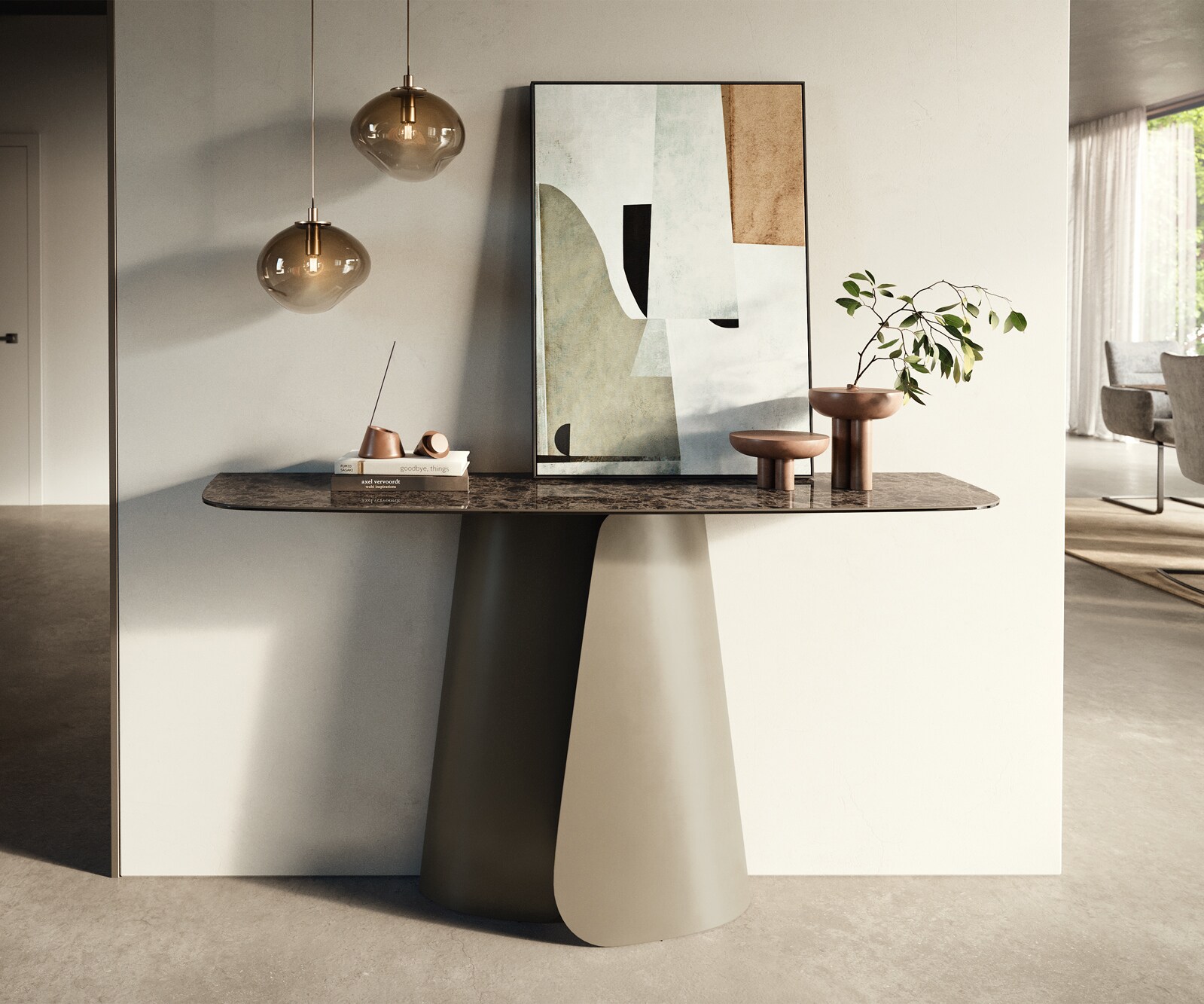 Consoletafel Edge Bootvorm 140x40 cm Keramiek Emperador Extra Lucidato Dunkelbraun Livos Metaal Effektfinish Titan