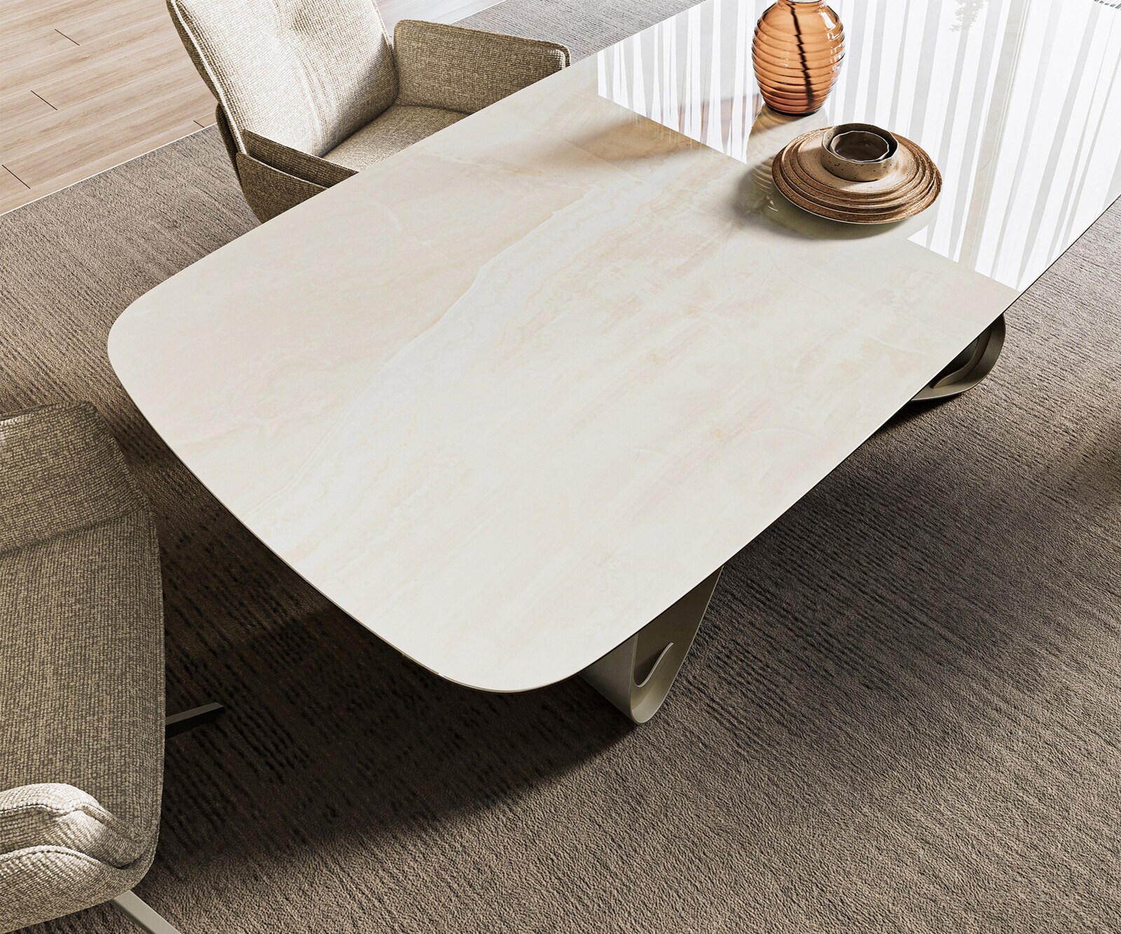 Eettafel Edge boot 200x100 cm keramiek Onyx Champagne W-onderstel metaal effectfinish titan 4