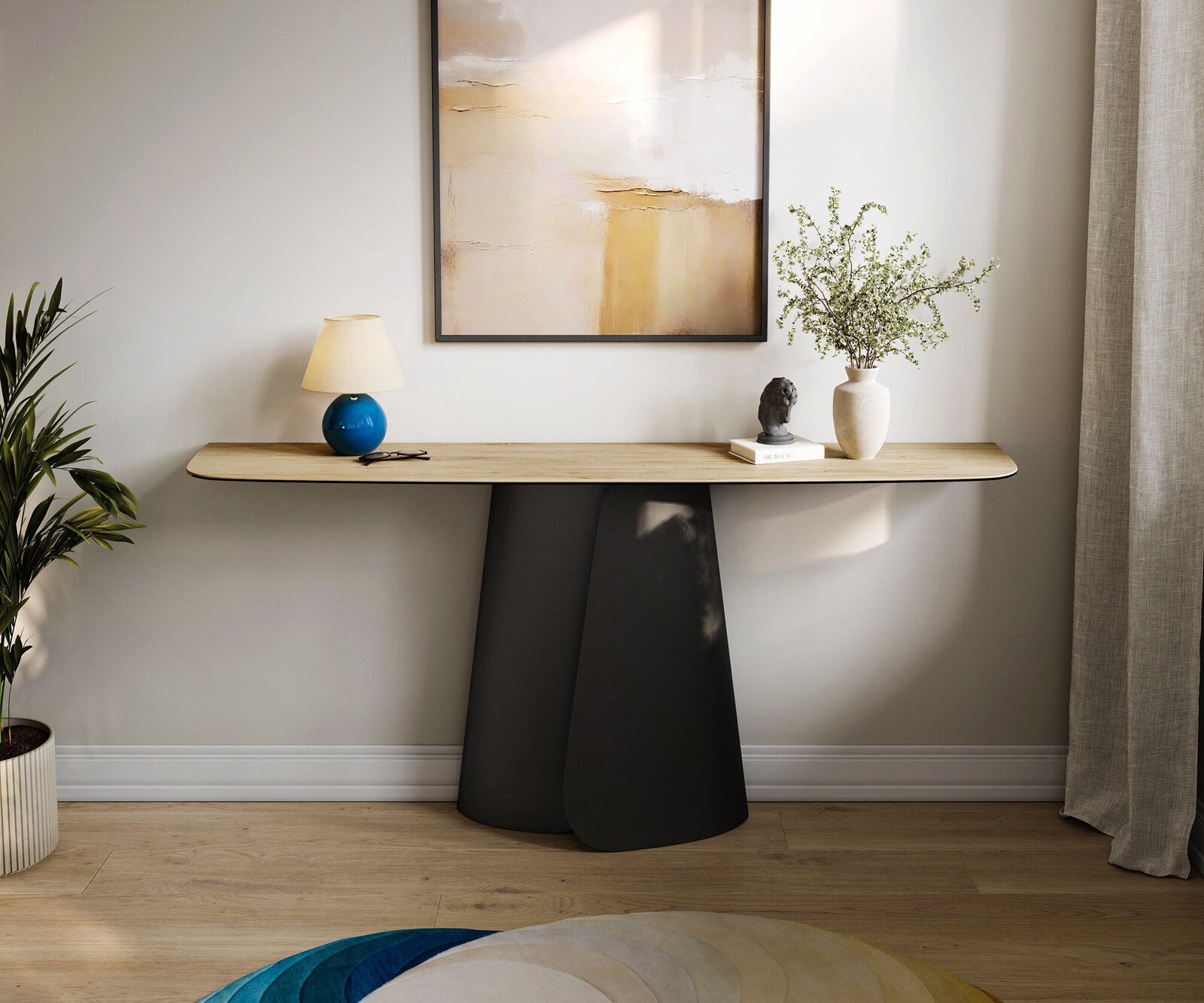 Consoletafel Edge Bootvorm 180x40 cm Keramiek Laminam® Sabbia Eichefarbig Livos Metaal Zwart 4