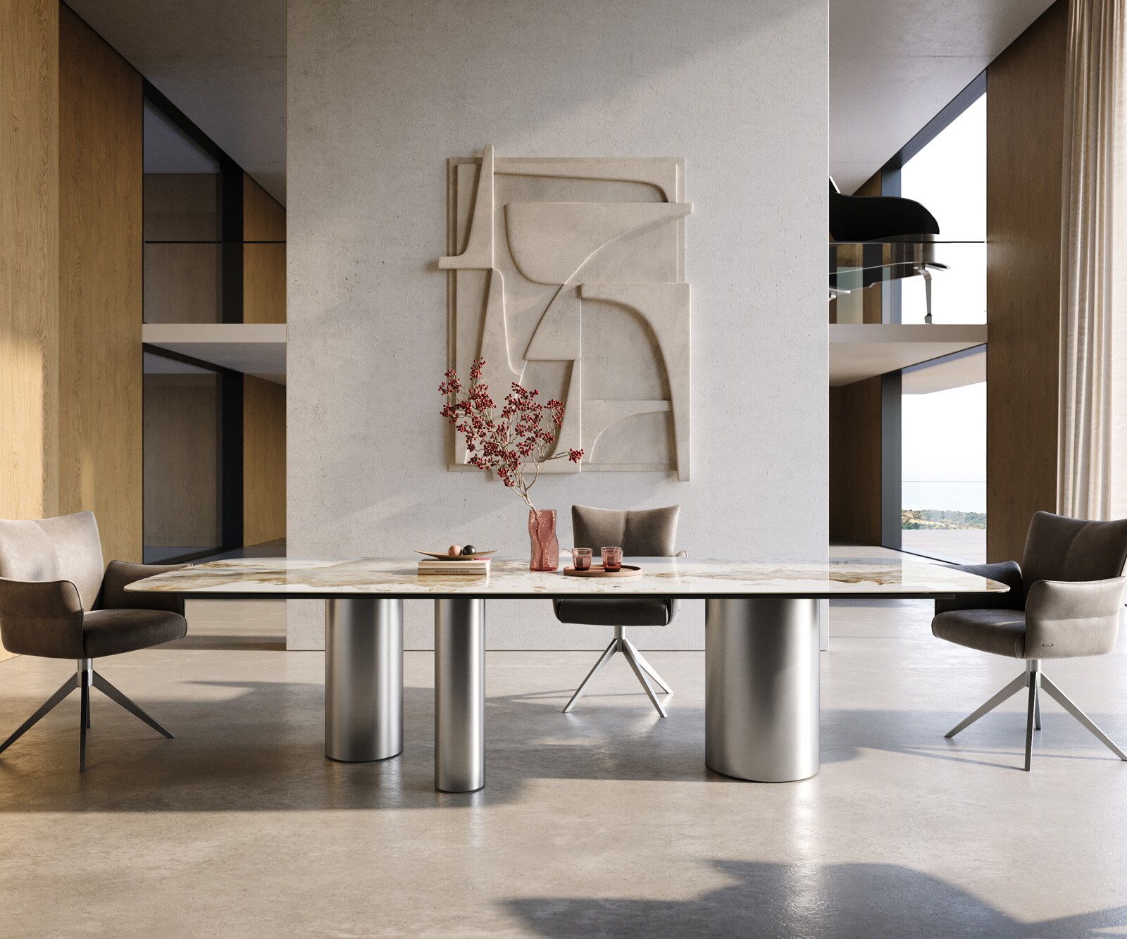 Eettafel Edge Boot 300x120 cm Keramiek Minas Melange Wit-Beige Troa Roestvrij staal gebürstet 2