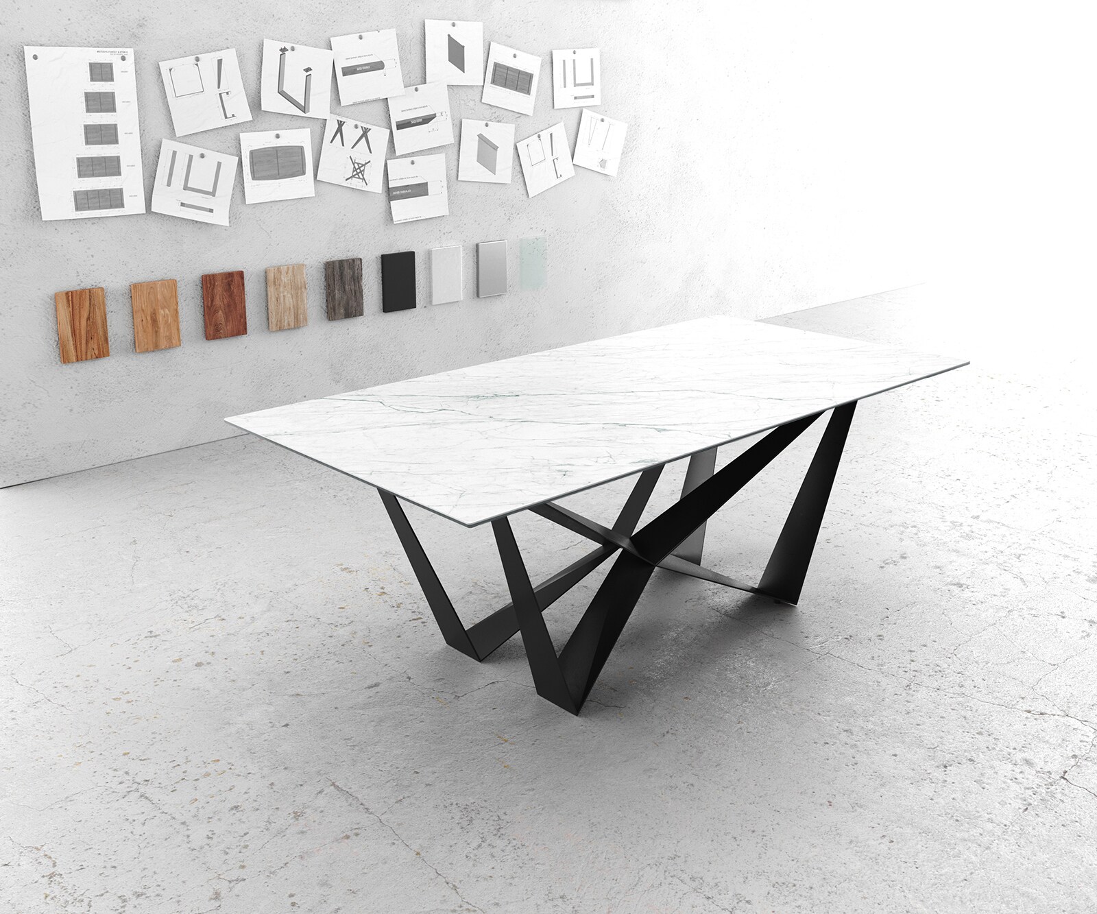 Eettafel Edge 200x100cm Laminam® keramiek wit middenpoot vlak staal zwart