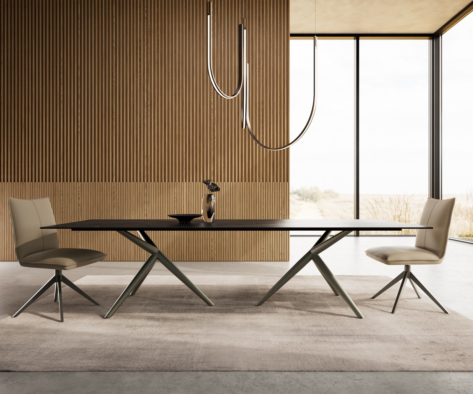 Eetkamertafel Edge 300x100 keramiek Laminam®Noir Desir bruin Estelar rond  metaal effectafwerking titaan 1