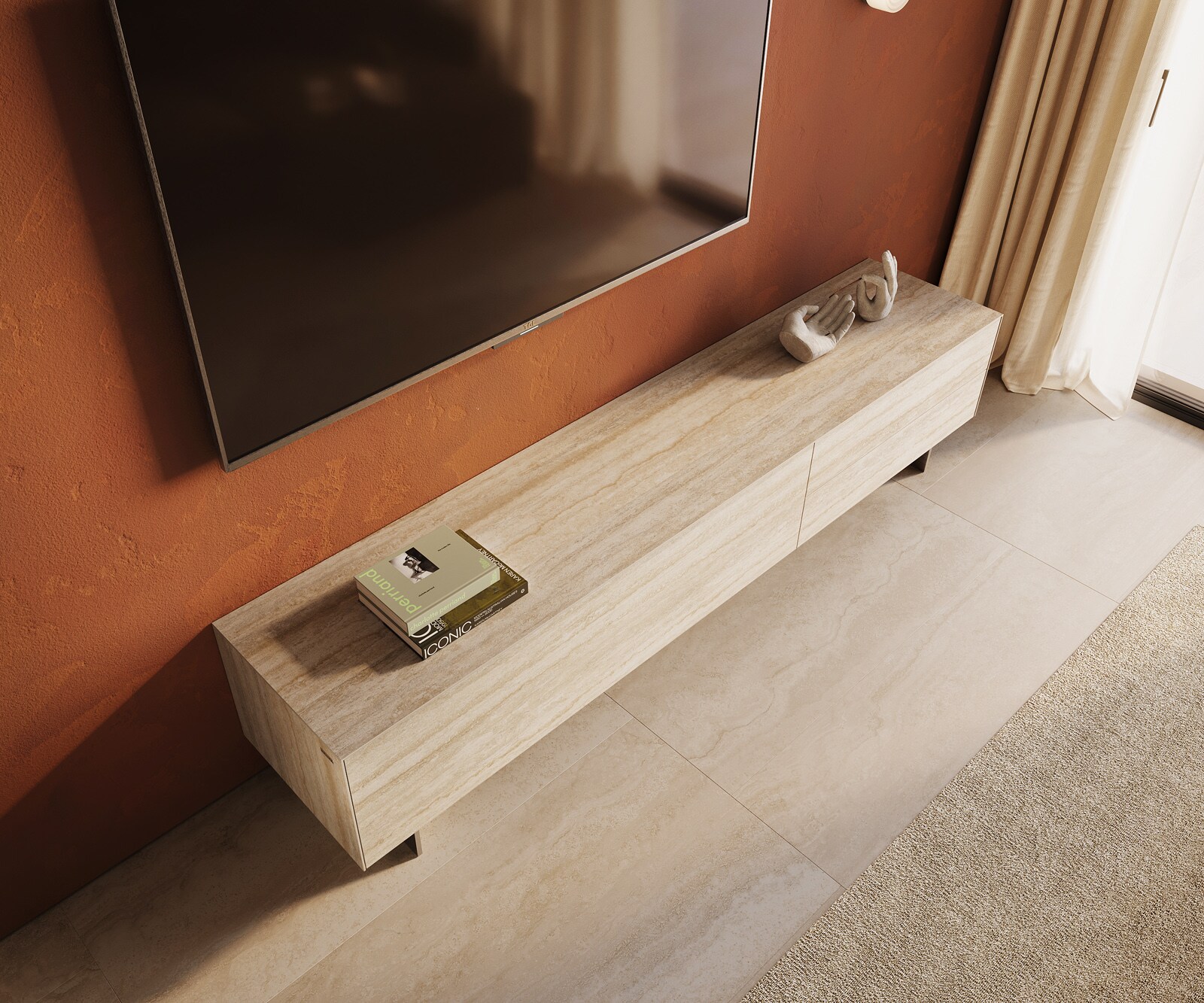 Tv-meubel Cuor 220 cm Keramiek Laminam® Travertino Bianco Crème-wit 1 Flap 2 Laden Zwevende voet look Roestvrij staal 4