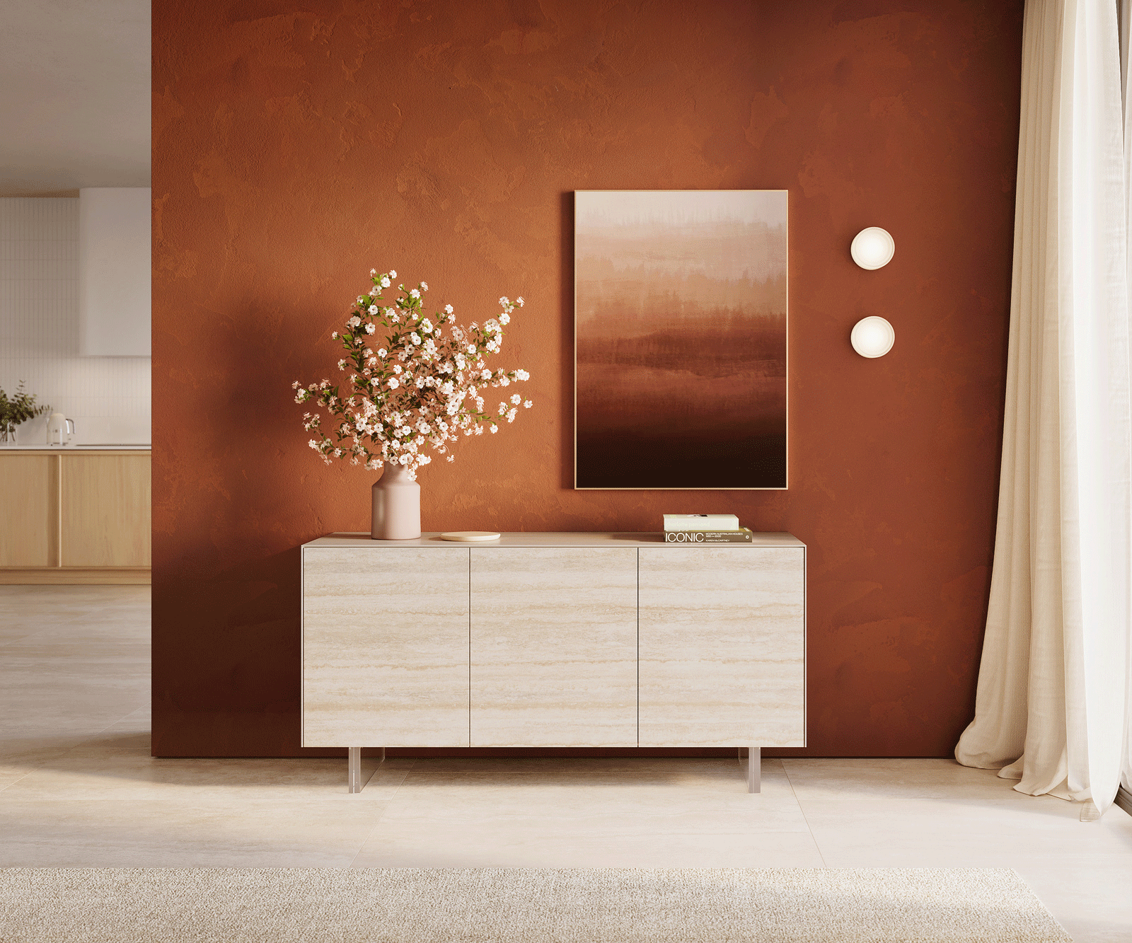 Dressoir Cuor 150 cm Keramiek Laminam® Travertino Bianco Crème-wit 3 Deuren Zwevende voet look Acrylglas 2