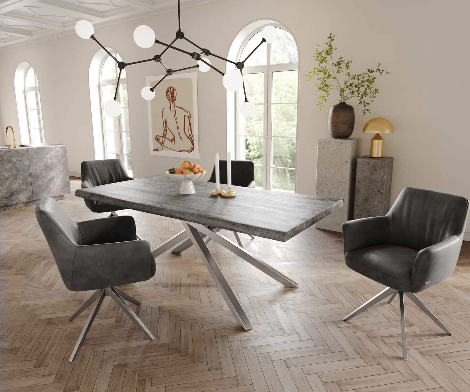 Draaistoel Xana-Flex met armleuning microvelours antraciet vintage kruisframe breed roestvrij staal 360° draaibaar pocketveer kern 4