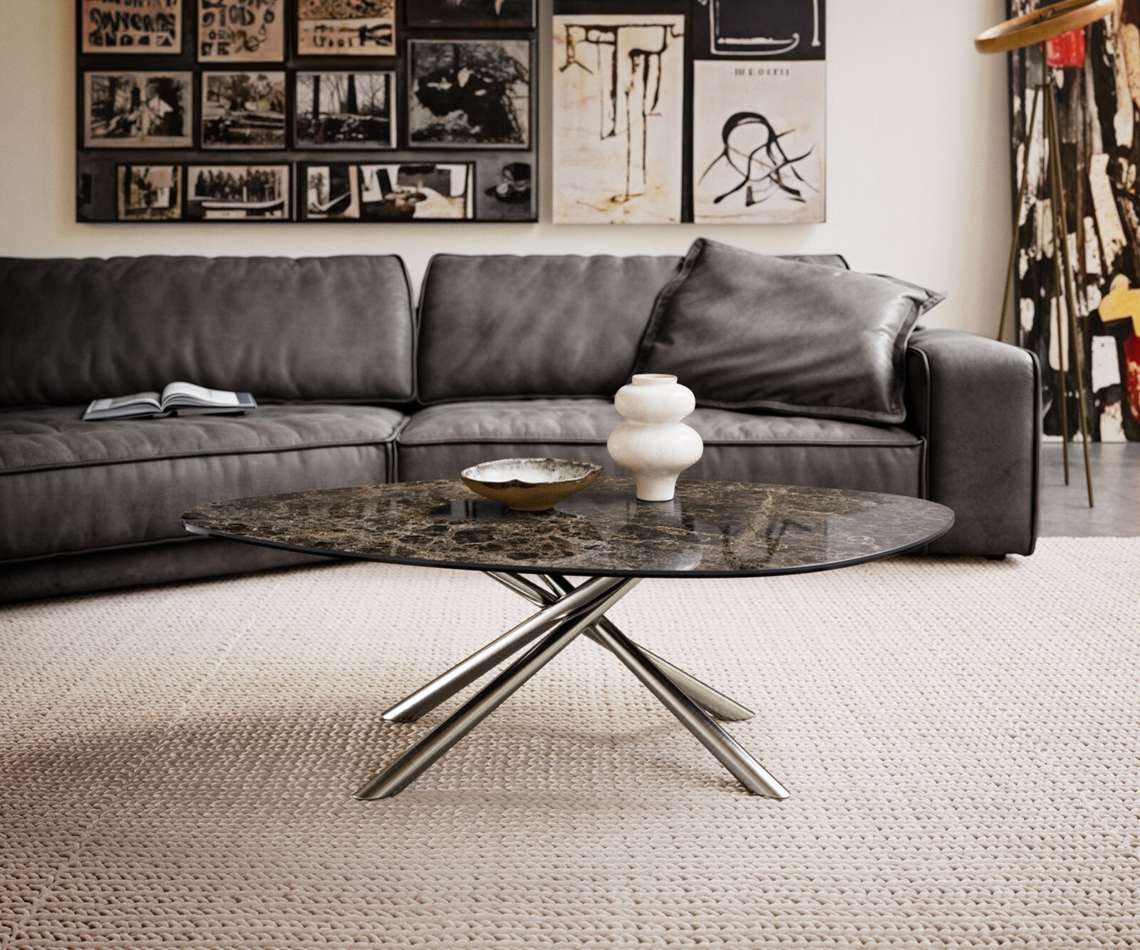 Salontafel Edge Organisch 140x76 cm keramiek Laminam® Emperador Extra Lucidato donkerbruin Sarity geborsteld roestvrij staal 1