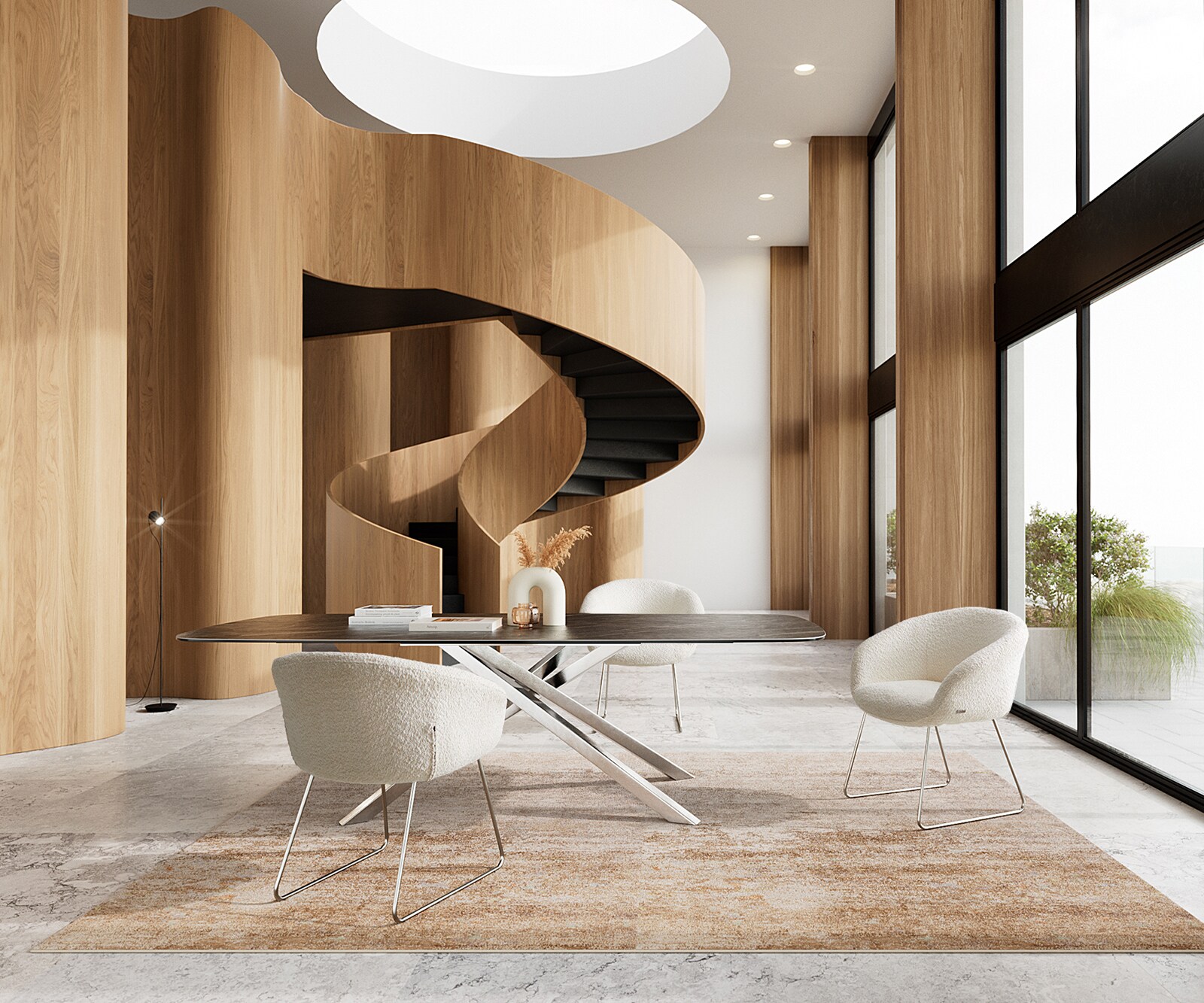 Eetkamerstoel Vinka-Flex met armleuning bouclé wit slipframe roestvrij staal pocketveer kern 3 Eetkamerstoel Vinka-Flex met armleuning bouclé wit slipframe roestvrij staal pocketveer kern 3