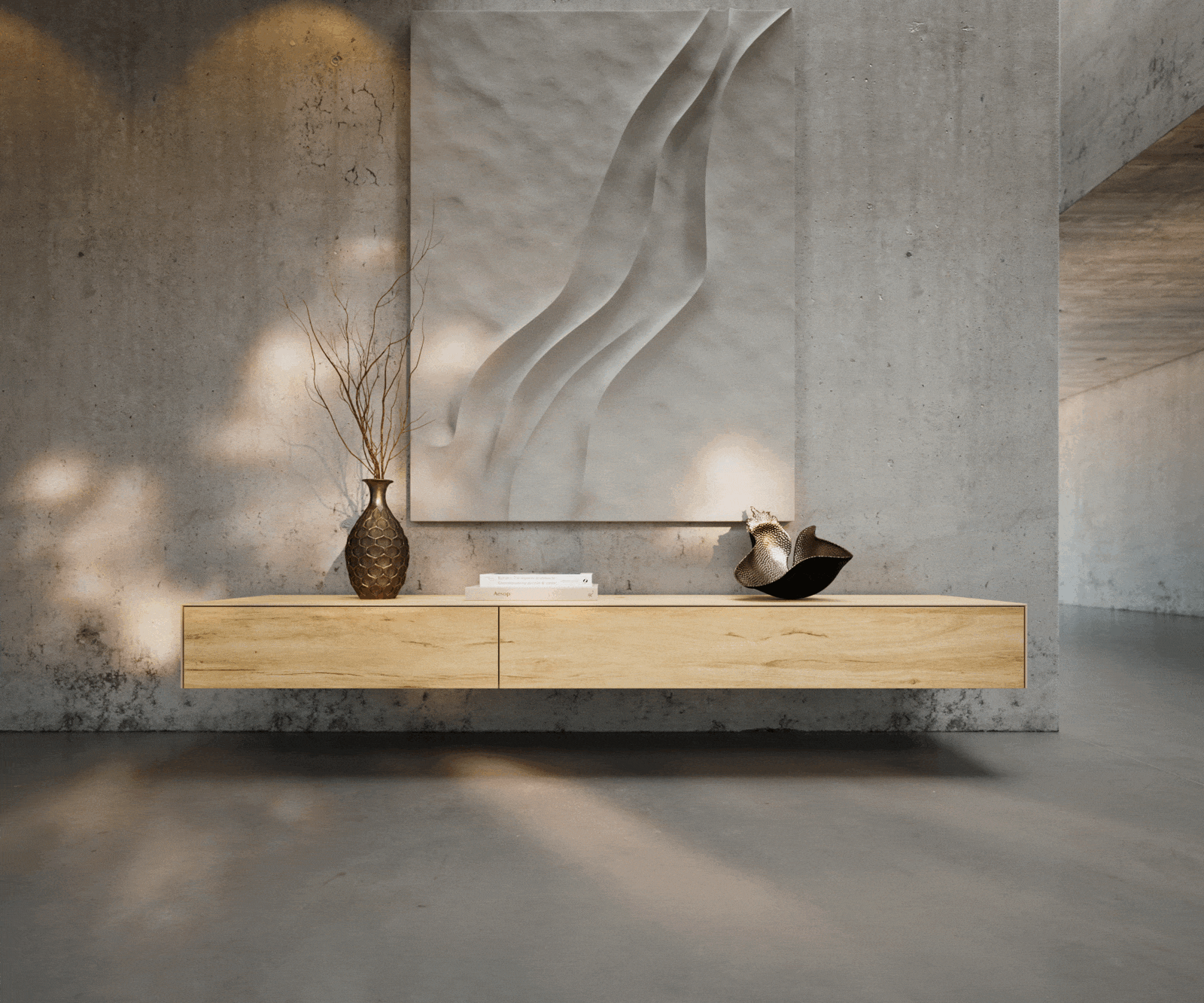 Tv-meubel Cuor 200 cm Keramiek Laminam® Sabbia Eiken gekleurd 1 Flap 1 Lade Zwevend 2