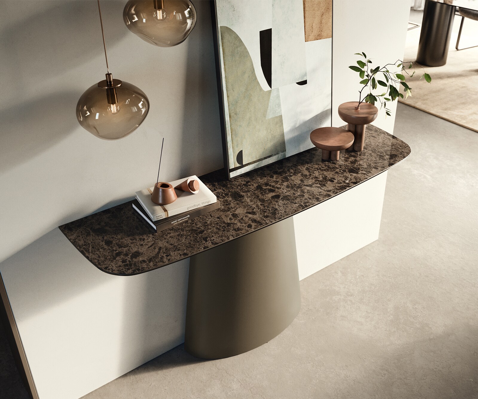 Consoletafel Edge Bootvorm 140x40 cm Keramiek Emperador Extra Lucidato Dunkelbraun Conos Metaal Effektfinish Titan 1