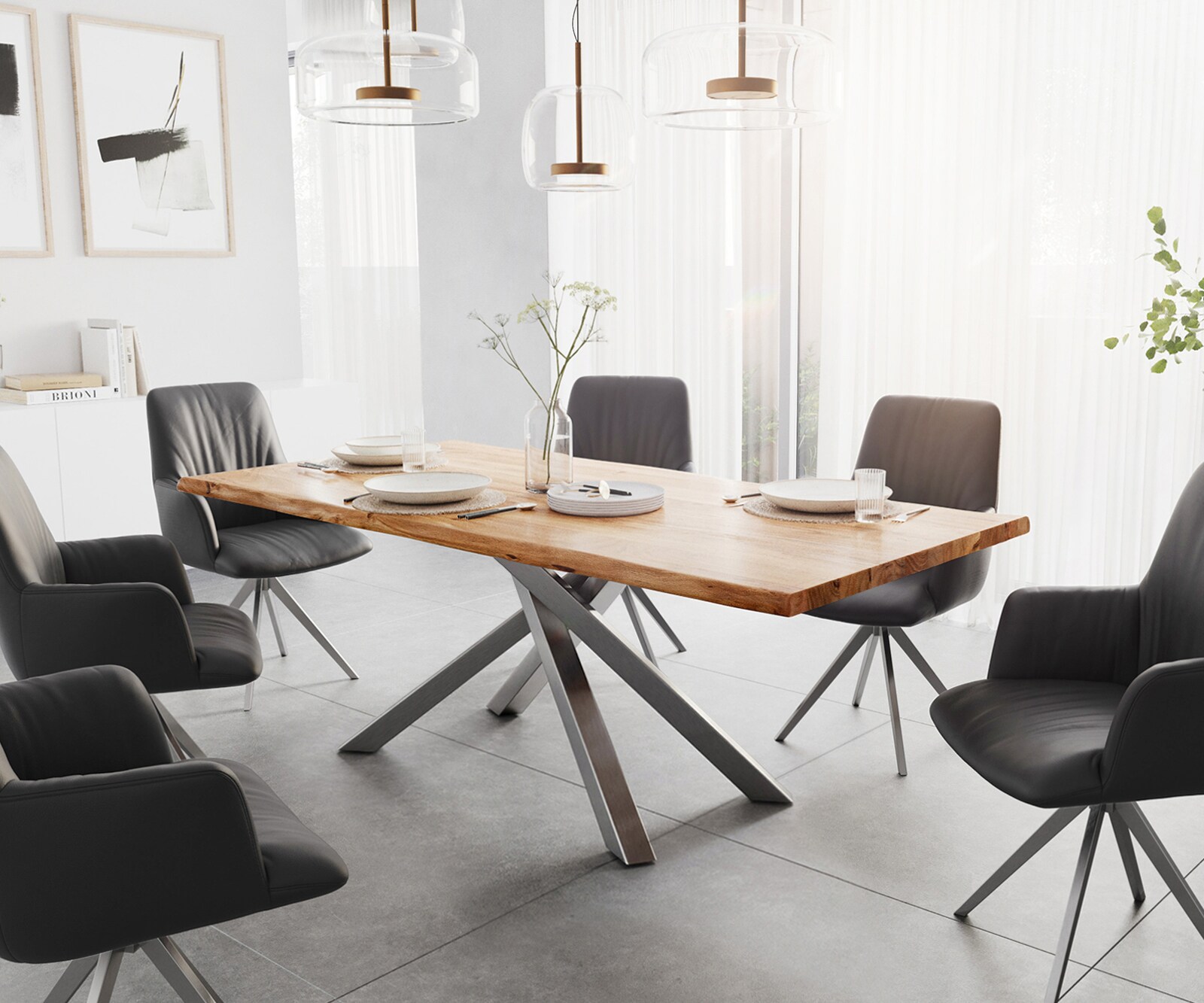 Eettafel Edge 200x100 acacia natuur kruisframe rechthoek roestvrij staal  Live-Edge