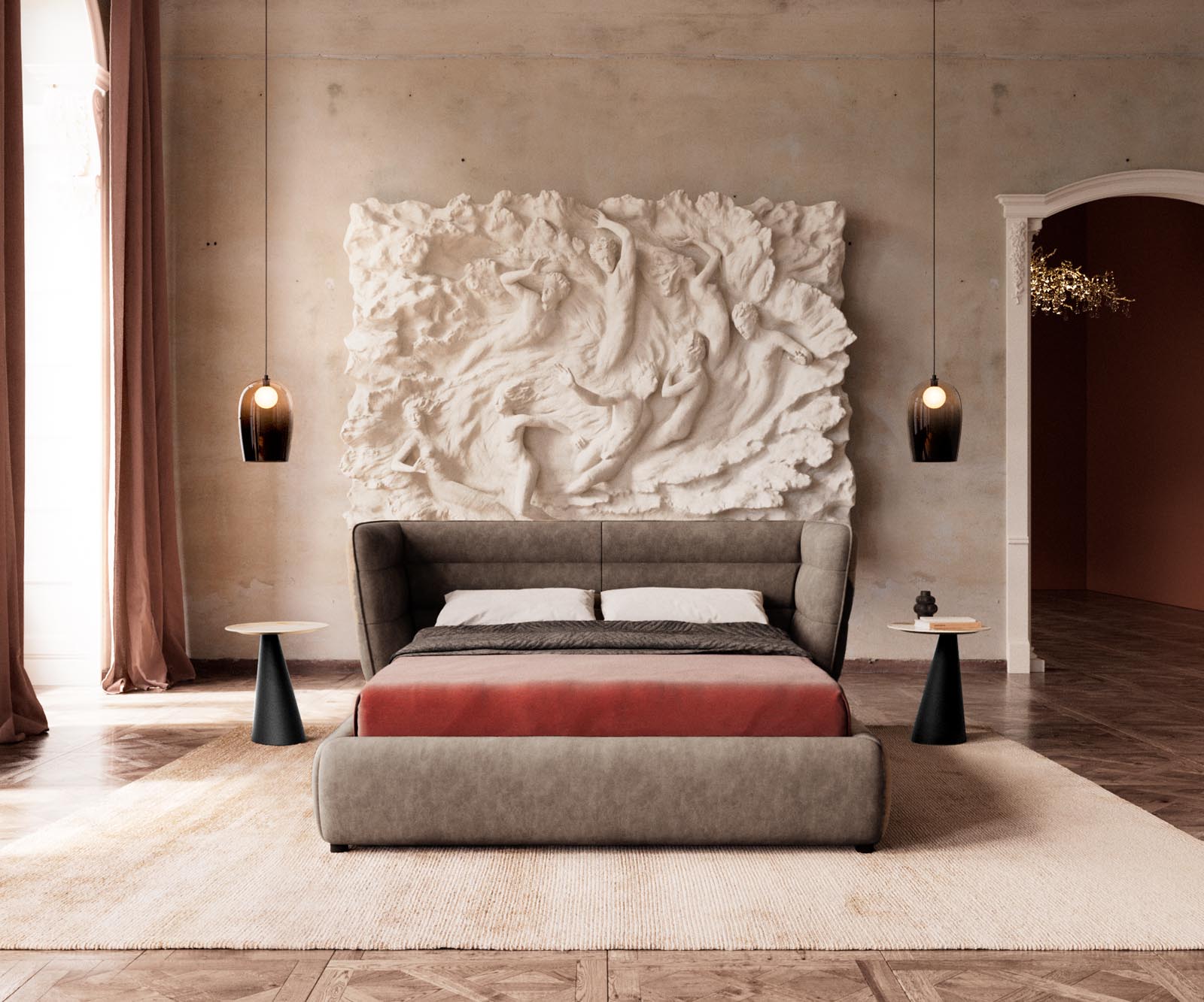 Gestoffeerd bed Simea 140x200 cm microvezel taupe vintage 1