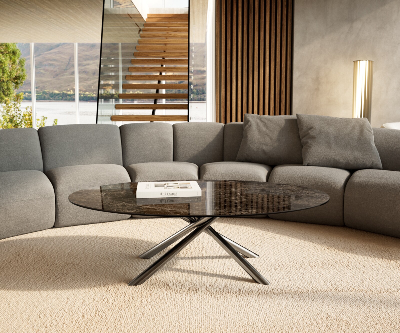 Salontafel Edge Oval 140x80 cm keramiek Laminam® Emperador Extra Lucidato donkerbruin Sarity geborsteld roestvrij staal 1