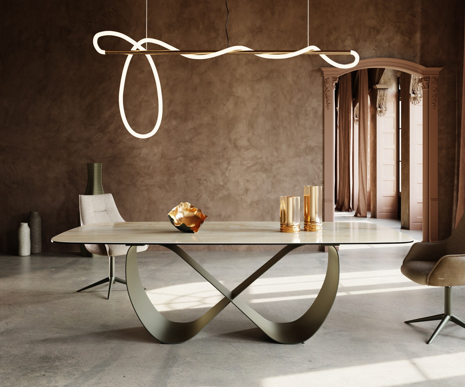 Eetkamertafel Edge Boot 240x120 cm Keramiek Iris FMG Onice Oro Infinity Metaal Effectafwerking Titan 2