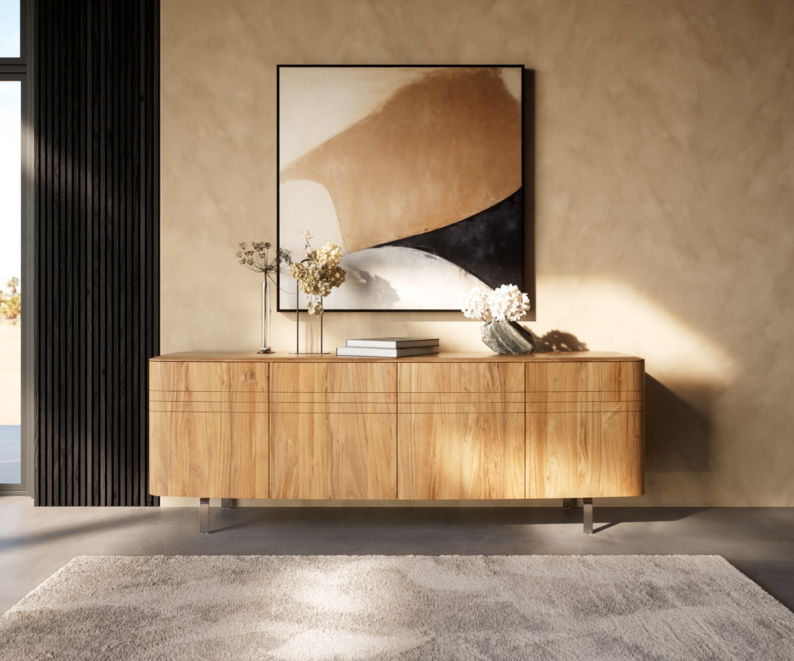 Dressoir Nagaru 200 cm acaciahout Aura 4 deuren L-poot roestvrij staal geborsteld 2