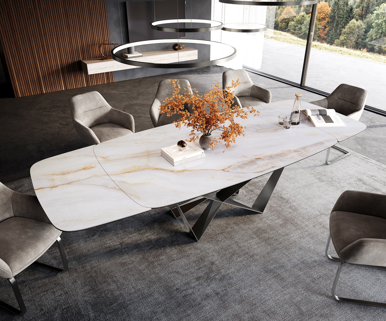 Eettafel Edge bootvorm 200-300x120 cm keramiek Onyx Pearl Spider platstaal roestvrij staal uitschuifbaar 4