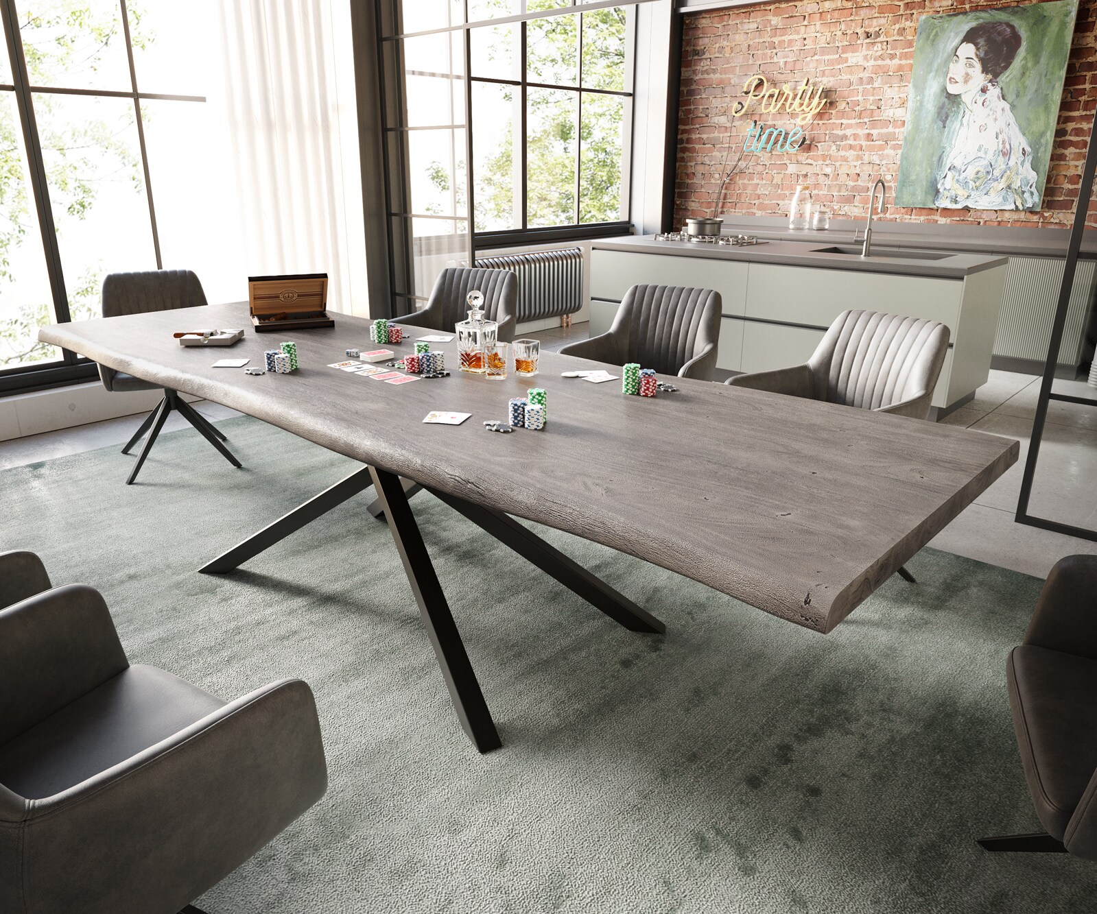 Eettafel Edge 300x100 XL acacia platina  kruisframe rechthoek zwart  Live-Edge 1