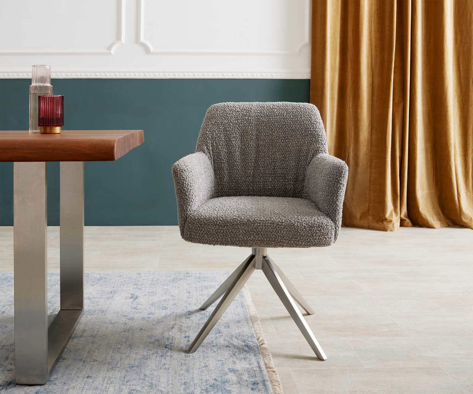 Draaistoel Xana-Flex met armleuning bouclé zilver grijs kruisframe breed roestvrij staal 360° draaibaar pocketveer kern 1 Draaistoel Xana-Flex met armleuning bouclé zilver grijs kruisframe breed roestvrij staal 360° draaibaar pocketveer kern 1