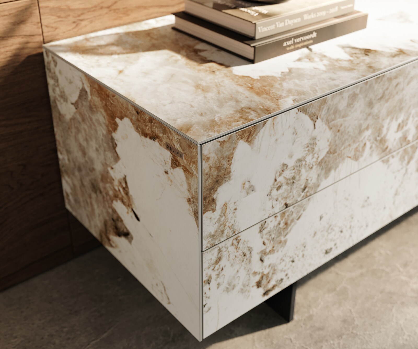 Tv-meubel Cuor 180 cm Keramiek Minas Melange Wit-beige 1 Flap 2 Laden Zwevende voet look Metaal Zwart 6