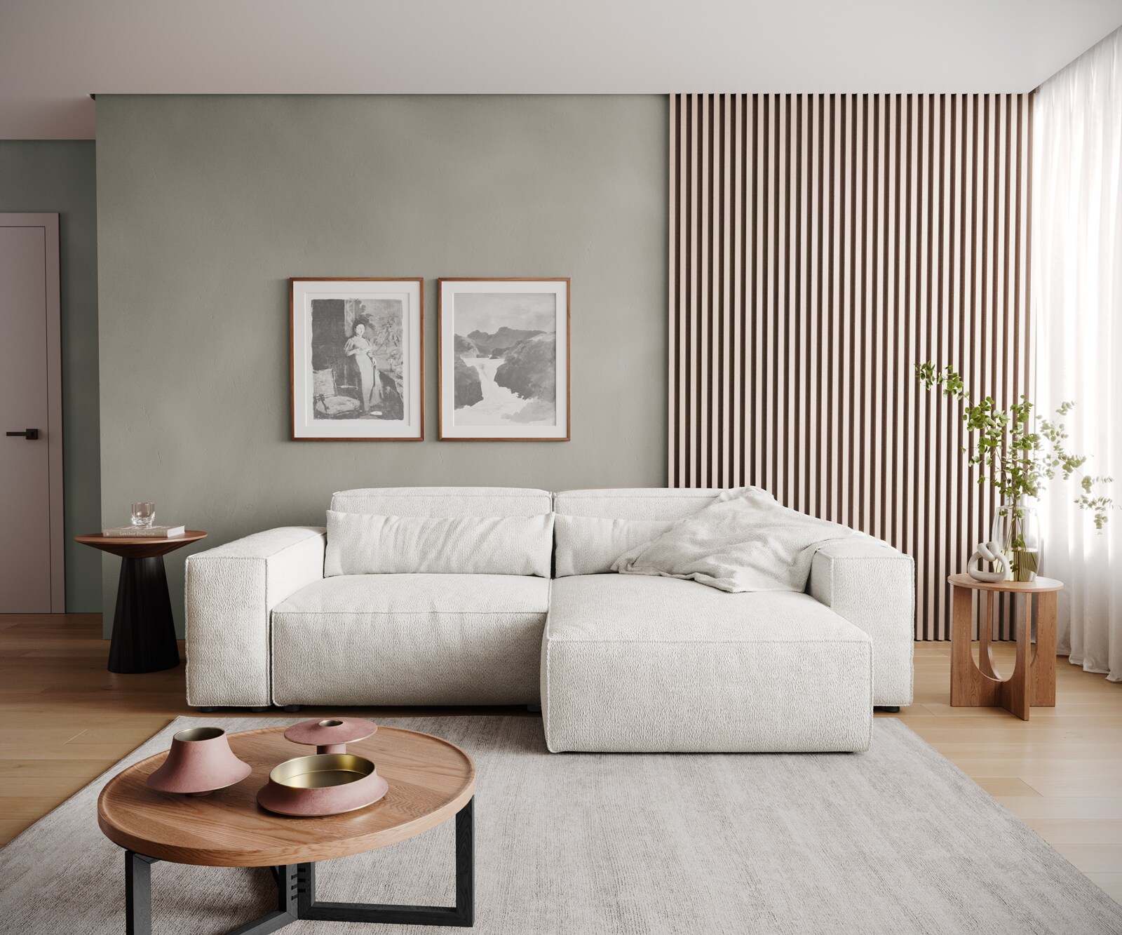 Hoekbank Sirpio 230x155 cm bouclee crème-wit recamiere variabele 1