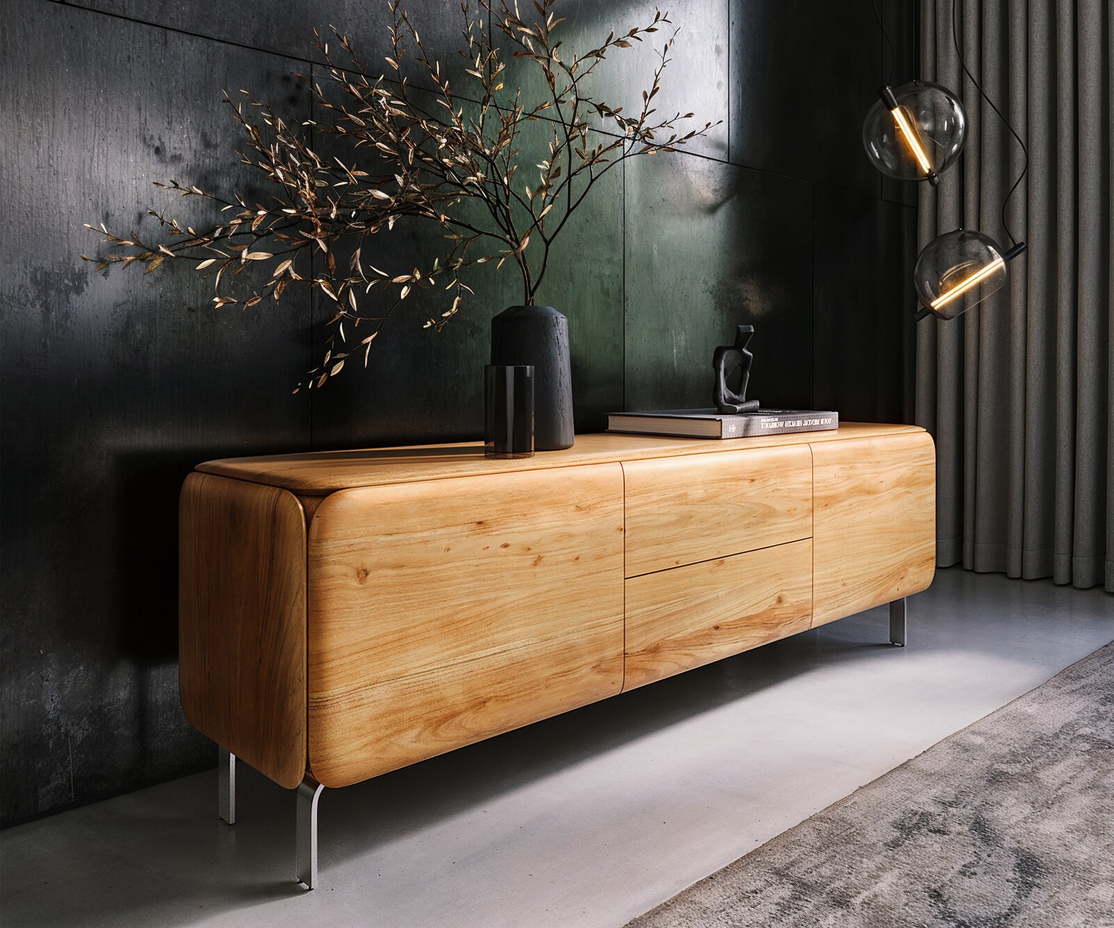 TV-meubel Shavani 175 cm acacia natuur 2 deuren 2 lades L-poot RVS zilver