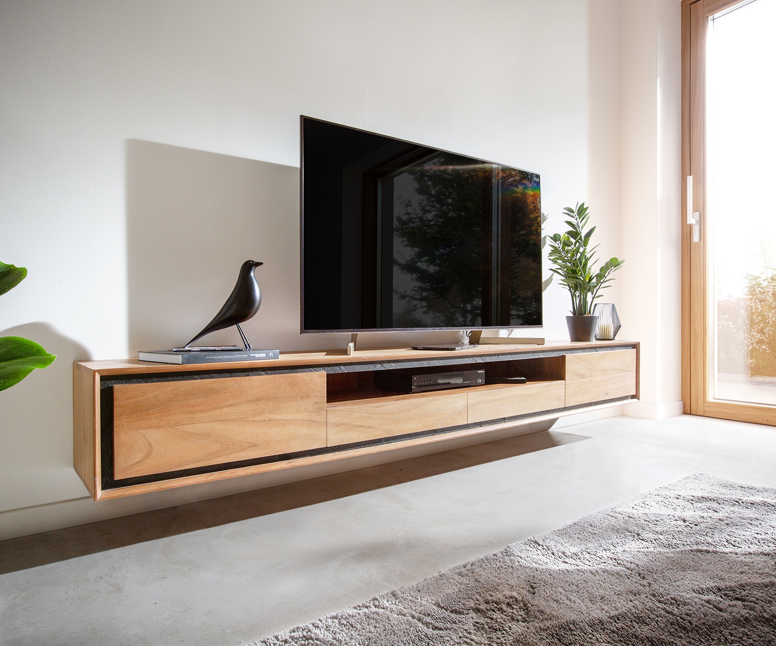 Tv-meubel Stonegrace 240 cm acacia natuur 2 deuren 1 legplank 2 laden steenfineer zwevend