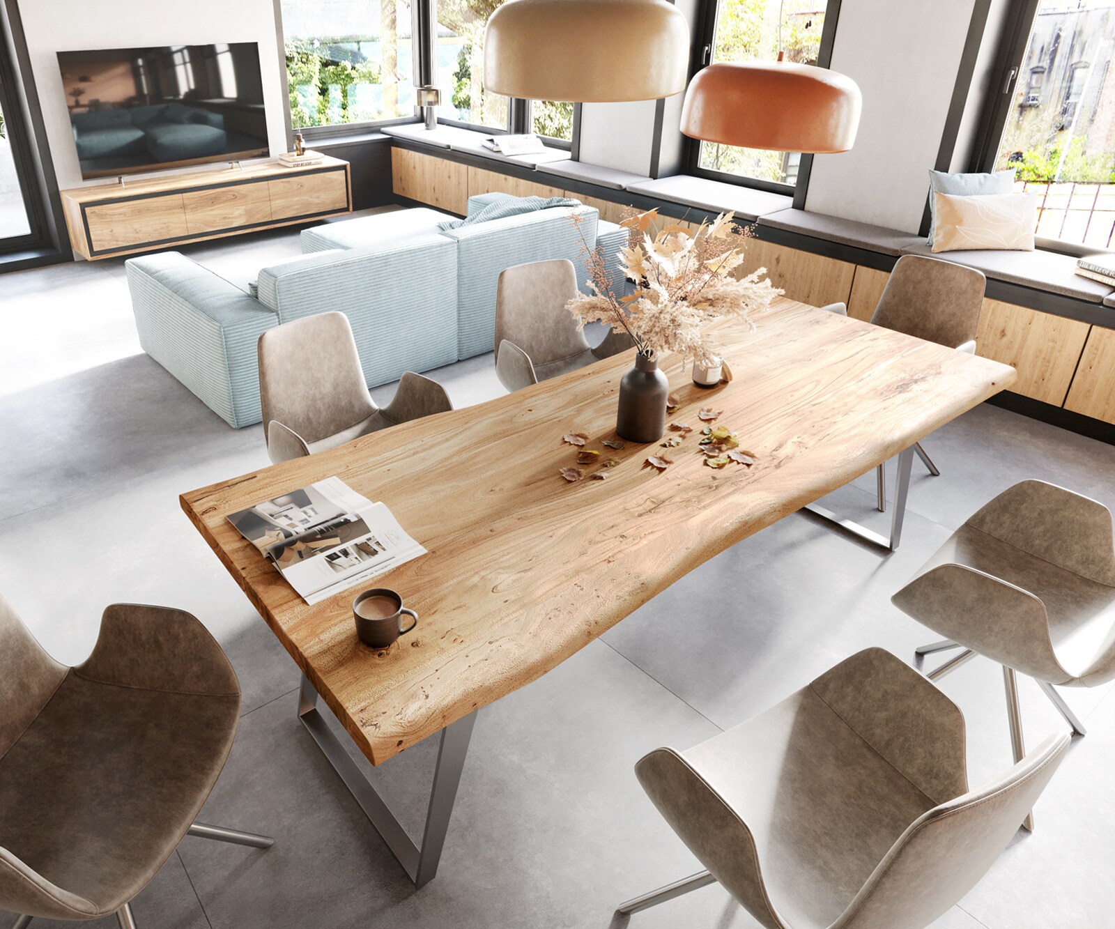 Eettafel Edge 280x100 XL acacia natuur roestvrij staal  schuin Live-Edge 4