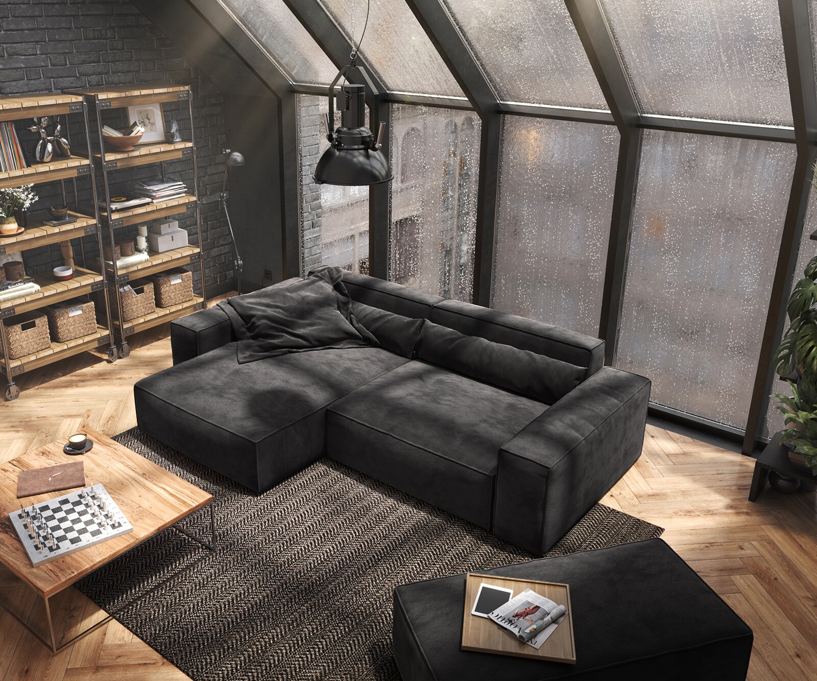 Hoekbank Sirpio XL 270x170 cm microvezel zwart recamiere variabele met kruk 4