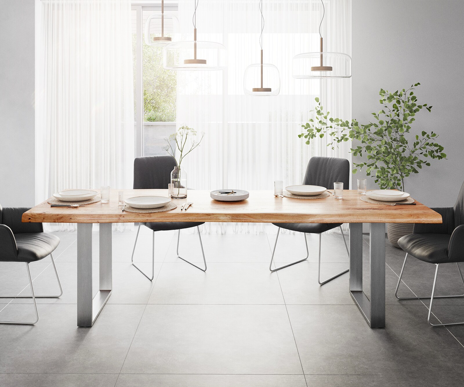 Eettafel Edge 260x100 XL acacia natuur roestvrijstaal smal Live-Edge 1