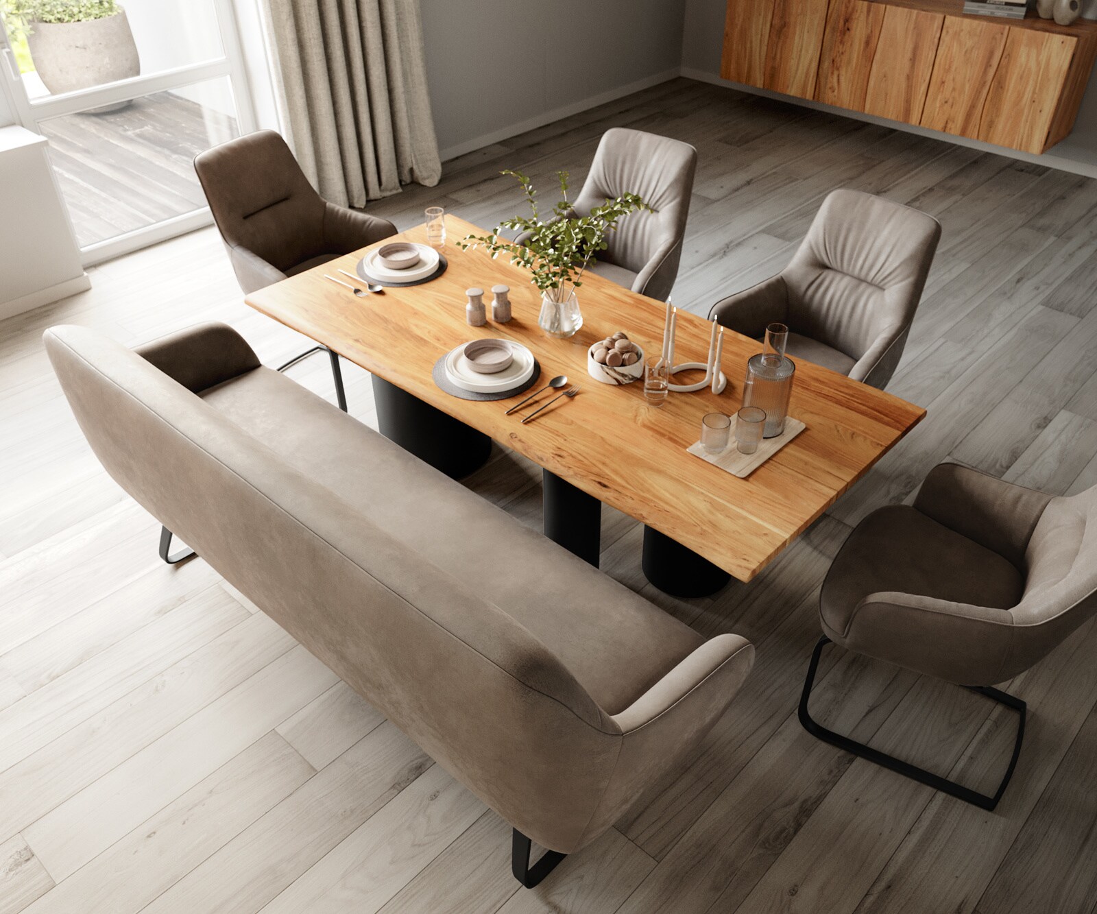 Eetkamerbank Taya-Flex 200 cm microvelours taupe vintage platte sledebasis zwart pocketvering 3