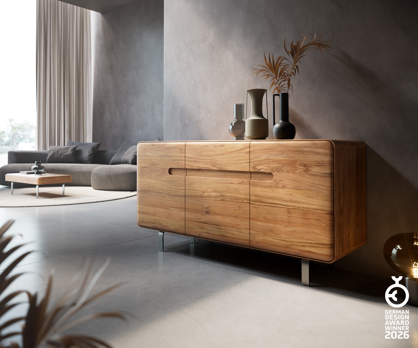 Dressoir Anaya 145 cm natuur acacia 3 deuren L-onderstel roestvrij staal