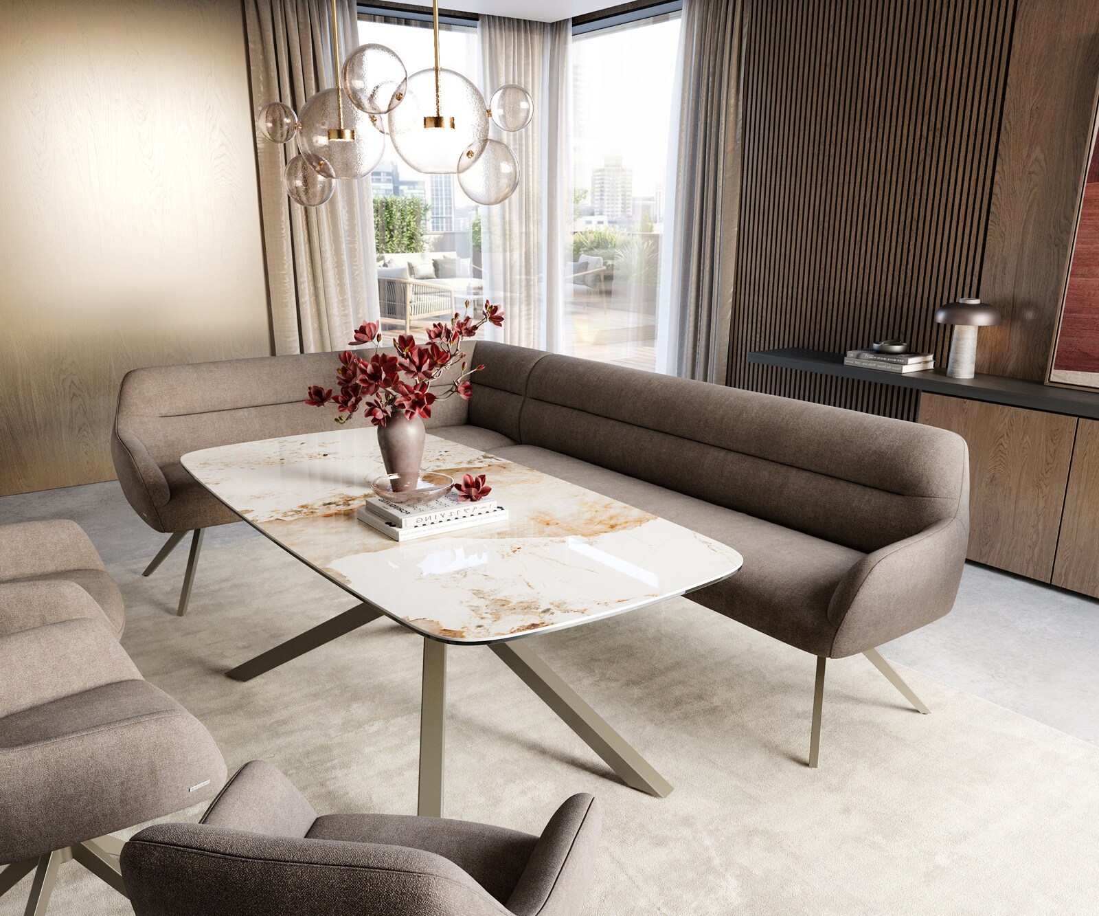 Eetkamerbank Taya-Flex 285x190 cm zachte stof met structuur taupe hoekig kruisframe afwerking met titaniumeffect pocketvering rechts