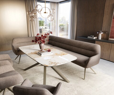 Eetkamerbank Taya-Flex 285x190 cm zachte stof met structuur taupe hoekig kruisframe afwerking met titaniumeffect pocketvering links
