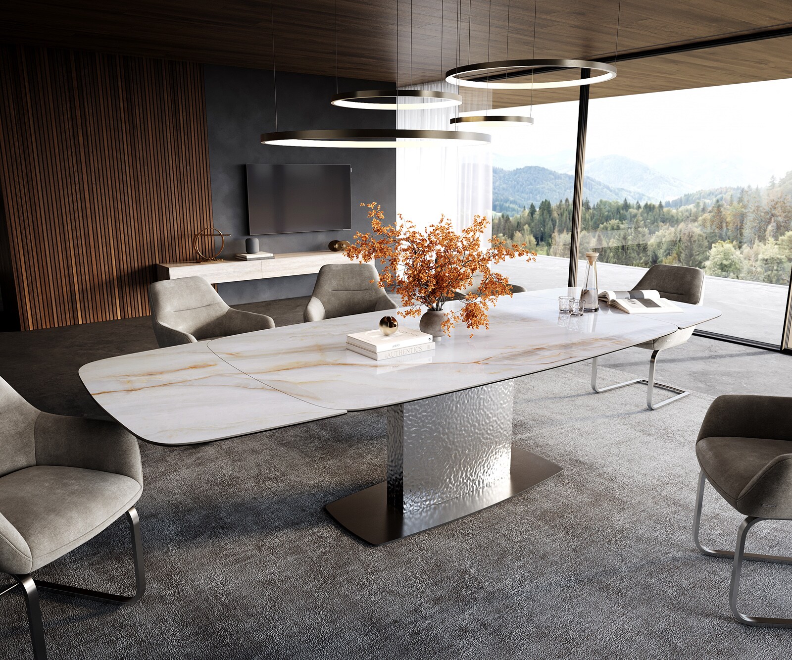 Eettafel Edge bootvorm 200-300x120 cm keramiek Onyx Pearl Wave roestvrij staal uitschuifbaar 1