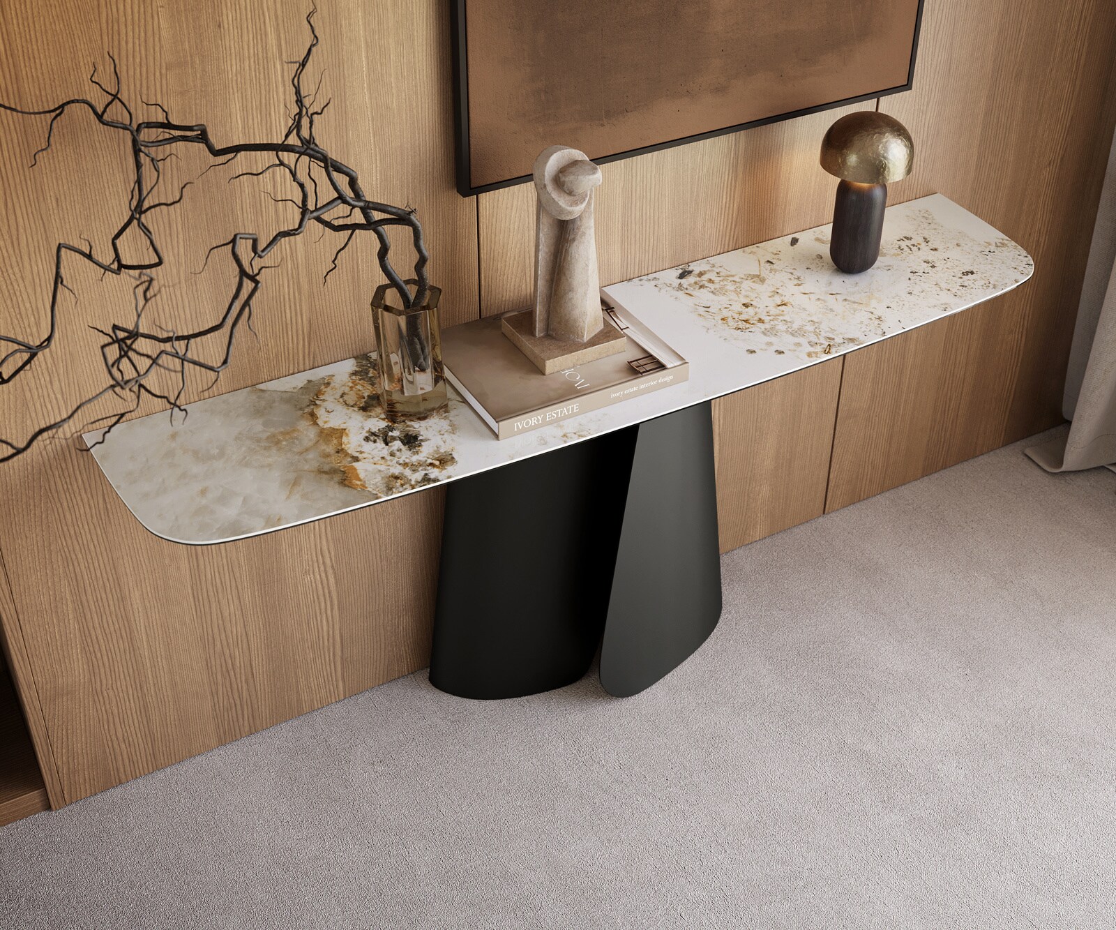 Consoletafel Edge Bootvorm 180x40 cm Keramiek Minas Melange Weiß-Beige Livos Metaal Zwart 2
