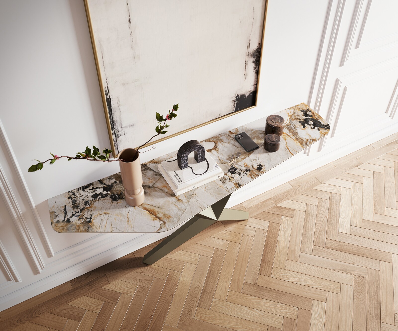 Consoletafel Edge Polygonaal 180x50 cm Keramiek Patagonia Poliert Zentharo Metaal Effektfinish Titan 2